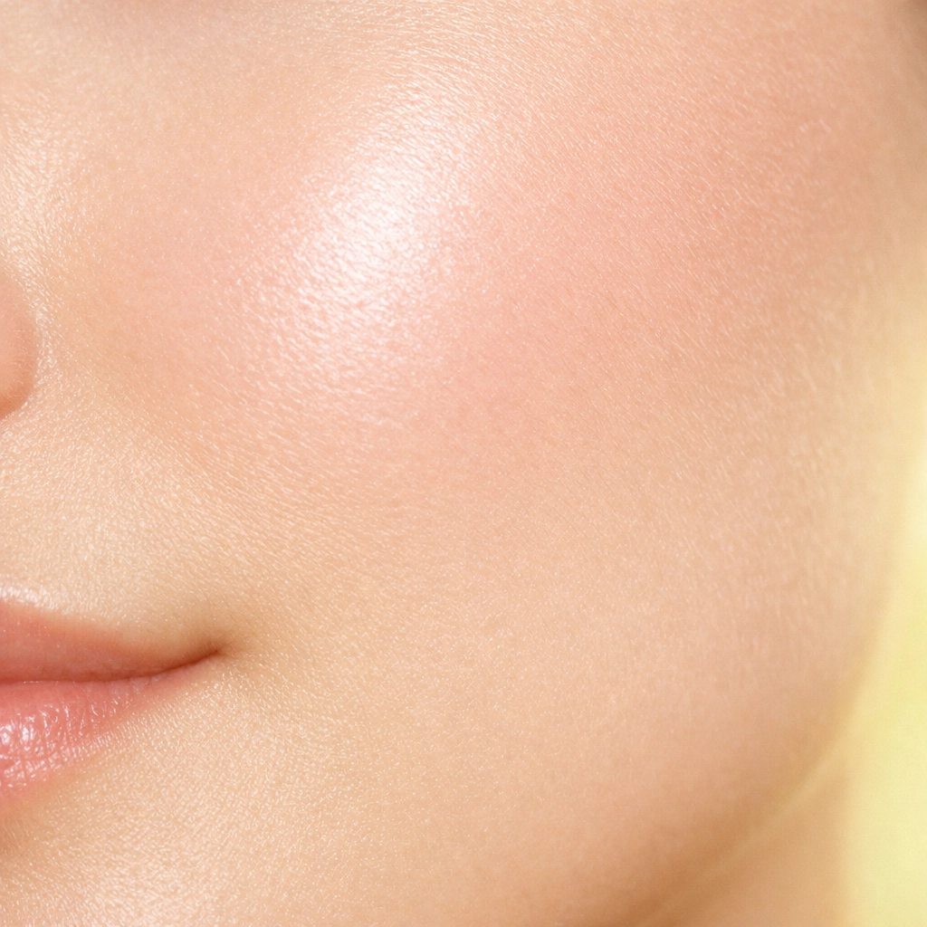Close-up of healthy, radiant skin showing the firming results of a hydrating copper peptide serum.