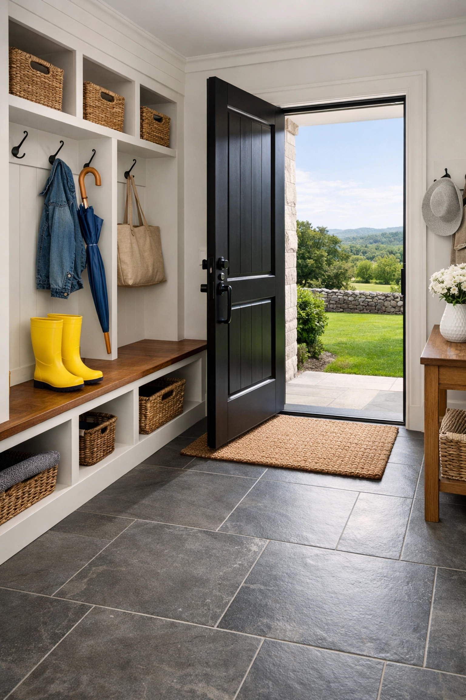 A clean, organized modern mudroom with polished slate tiles after a professional luxury cleaning in Groton.