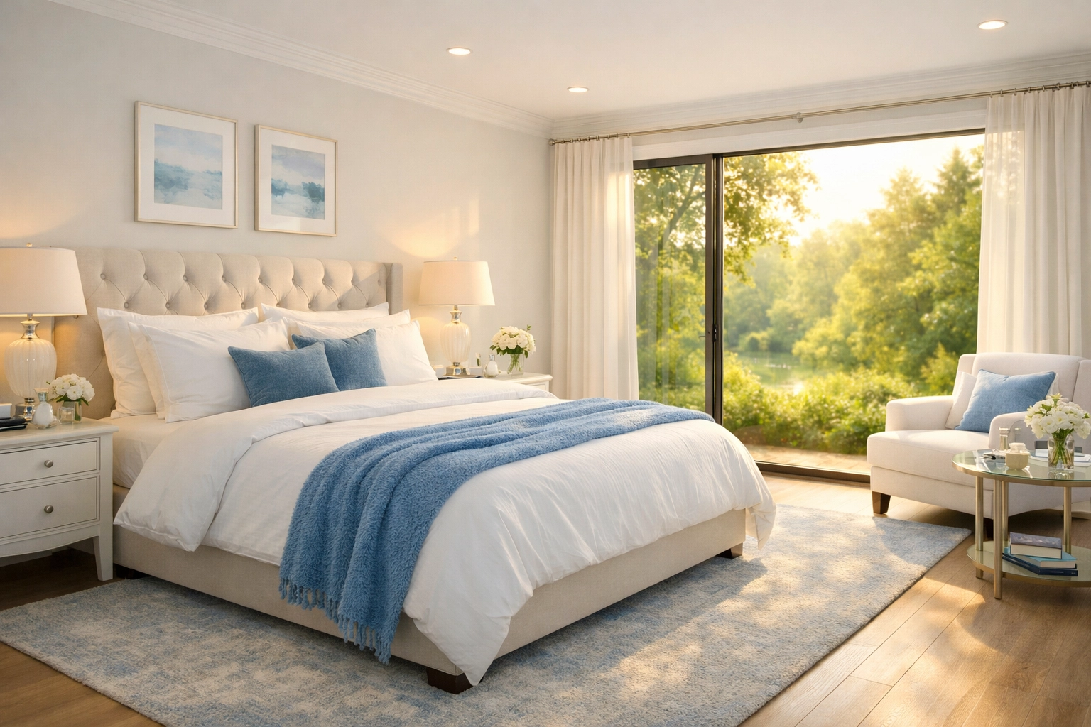 A flawlessly clean and tranquil luxury master suite in an Acton home after professional cleaning services.