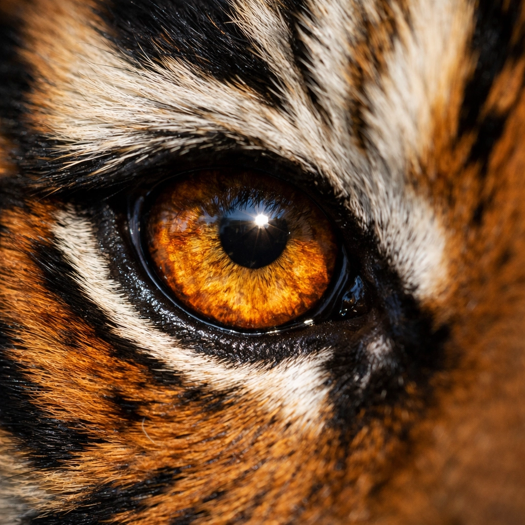 Close-up of a Malayan Tiger's eye showing sharp focus and a natural catchlight reflection.