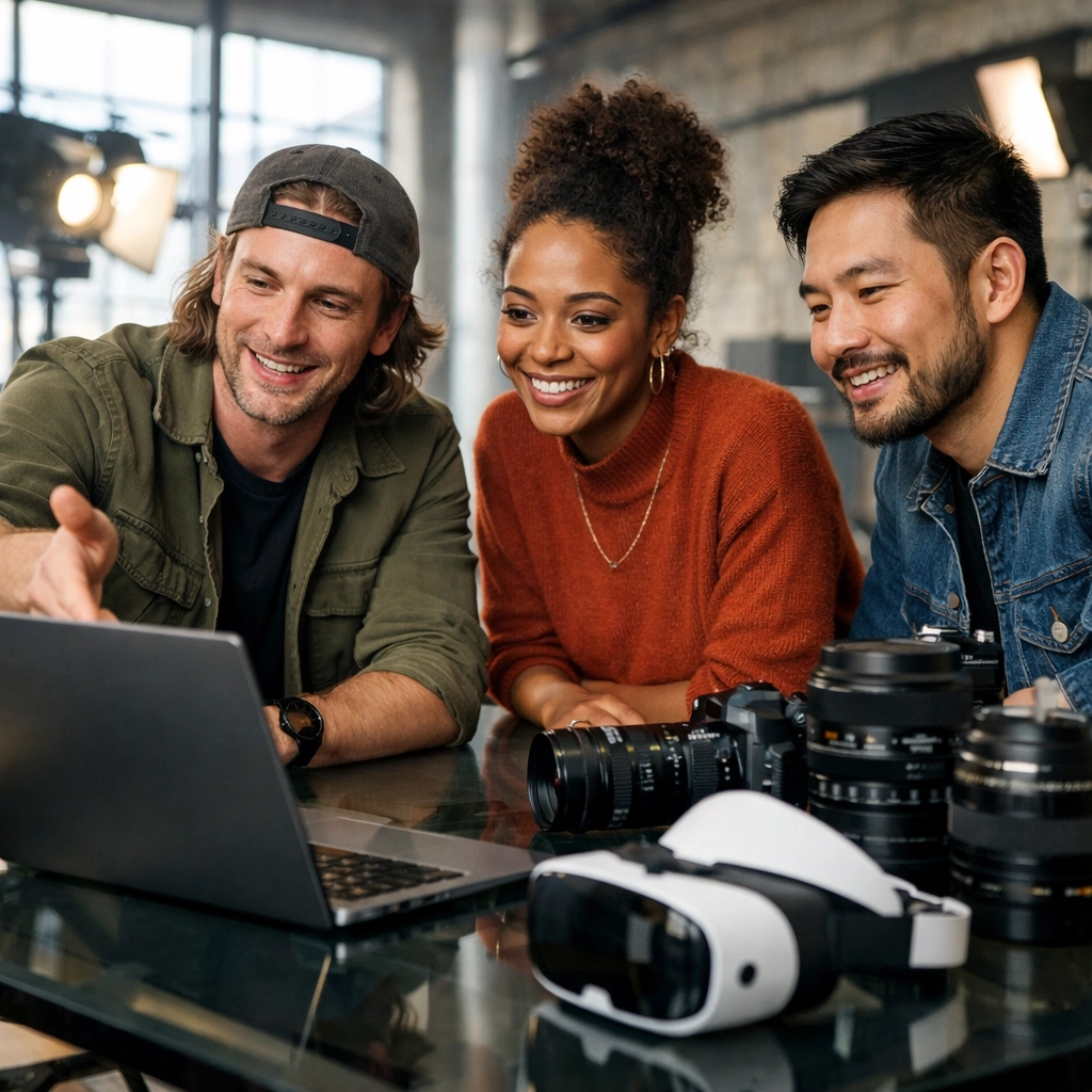 Creative professionals collaborating in a high-tech studio to navigate photography industry shifts.