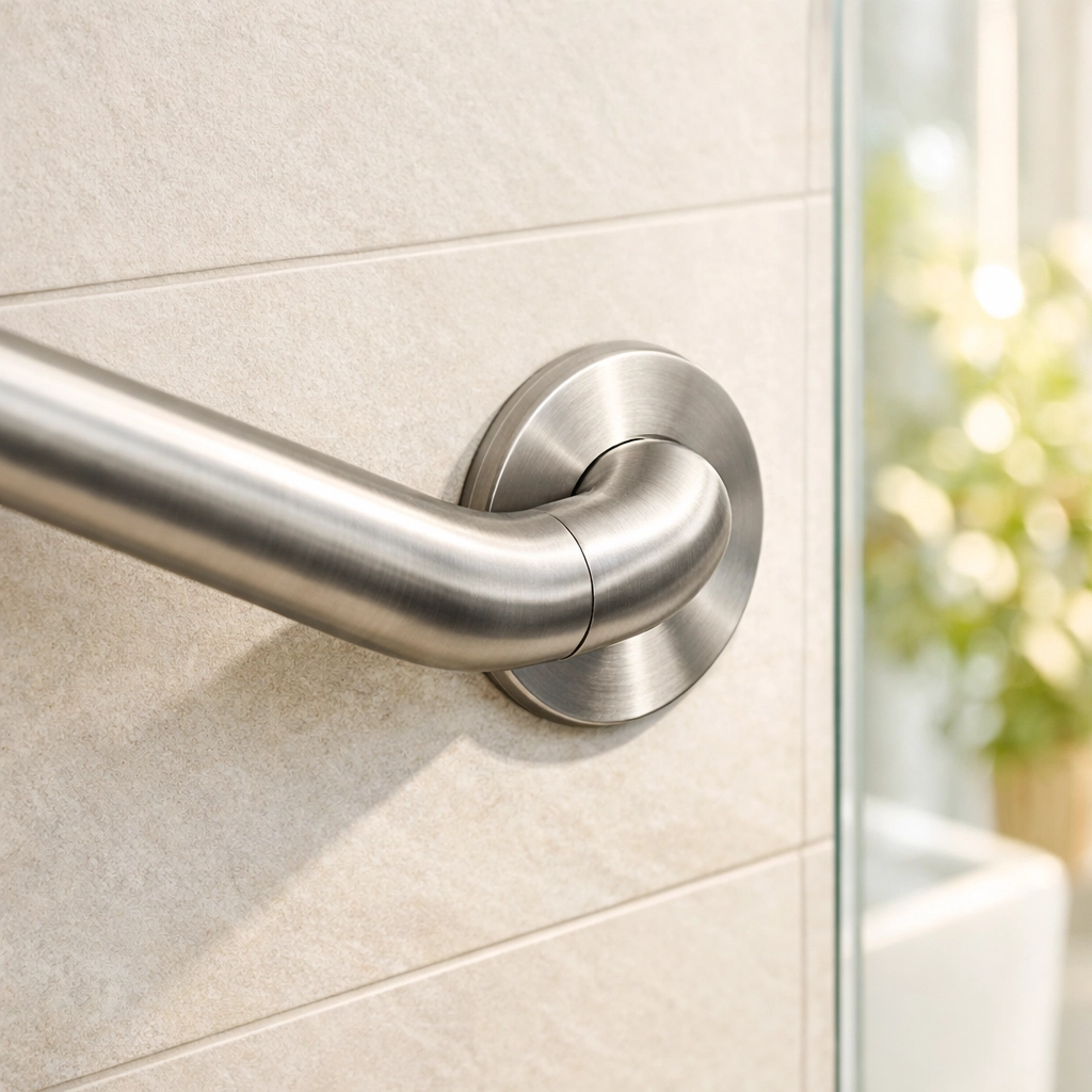 Brushed-metal no-drill grab bar with a sturdy mounting plate installed on porcelain bathroom tile.