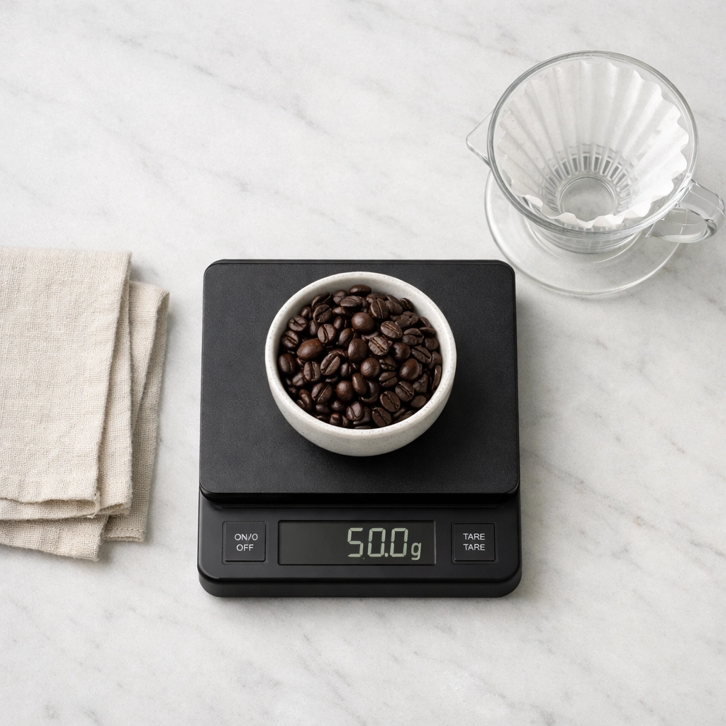 A digital coffee scale weighing fresh beans next to a pour-over dripper for precise home brewing.