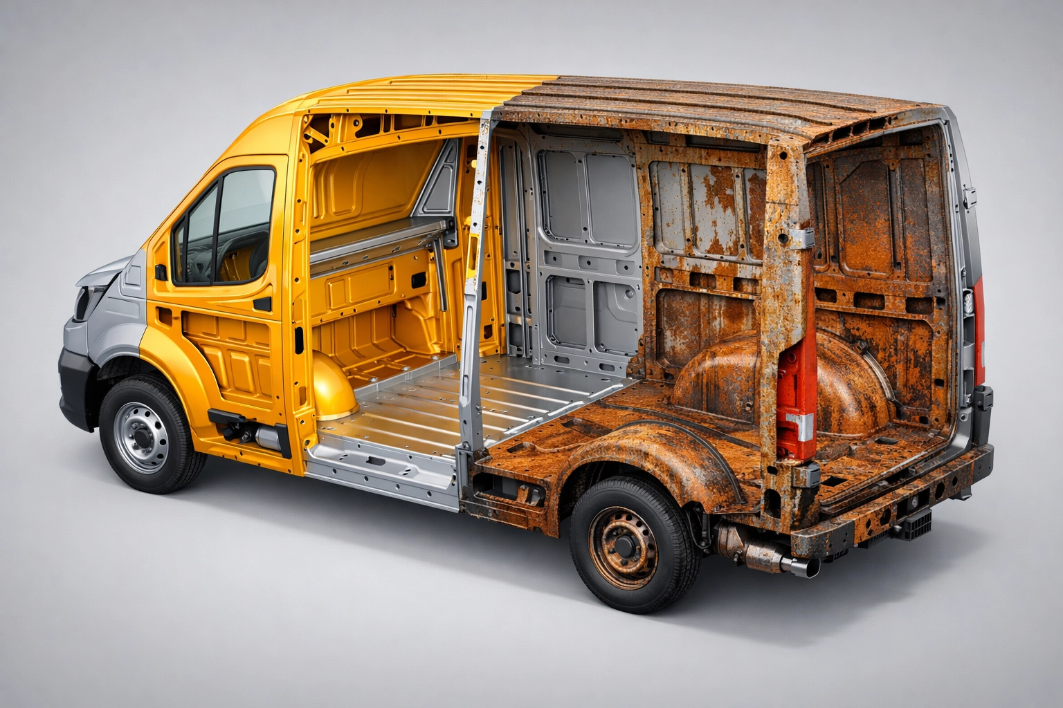 Van chassis cross-section showing cavity wax protection versus rust corrosion damage