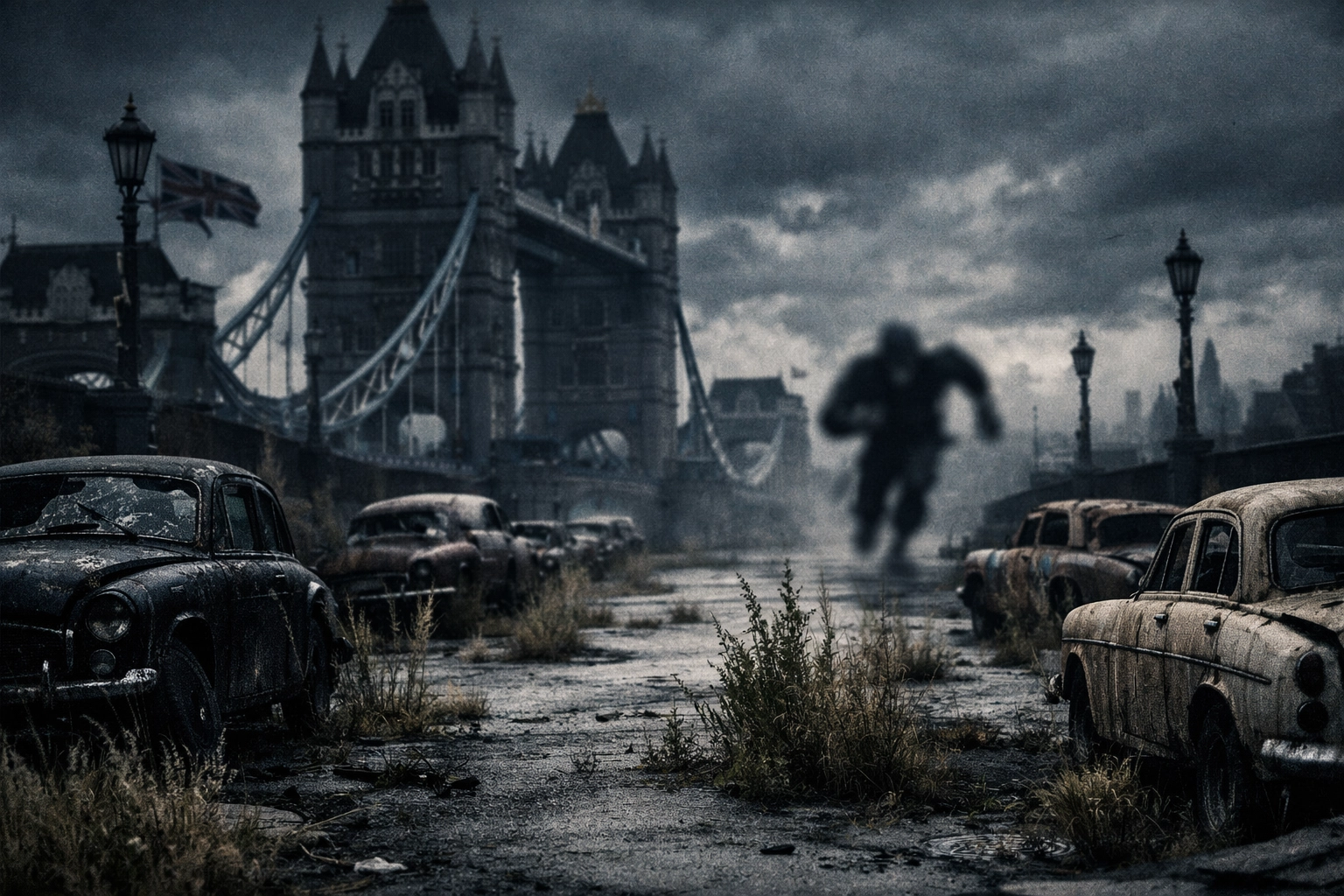 Deserted post-apocalyptic London bridge with abandoned cars, capturing the horror of 28 Years Later.