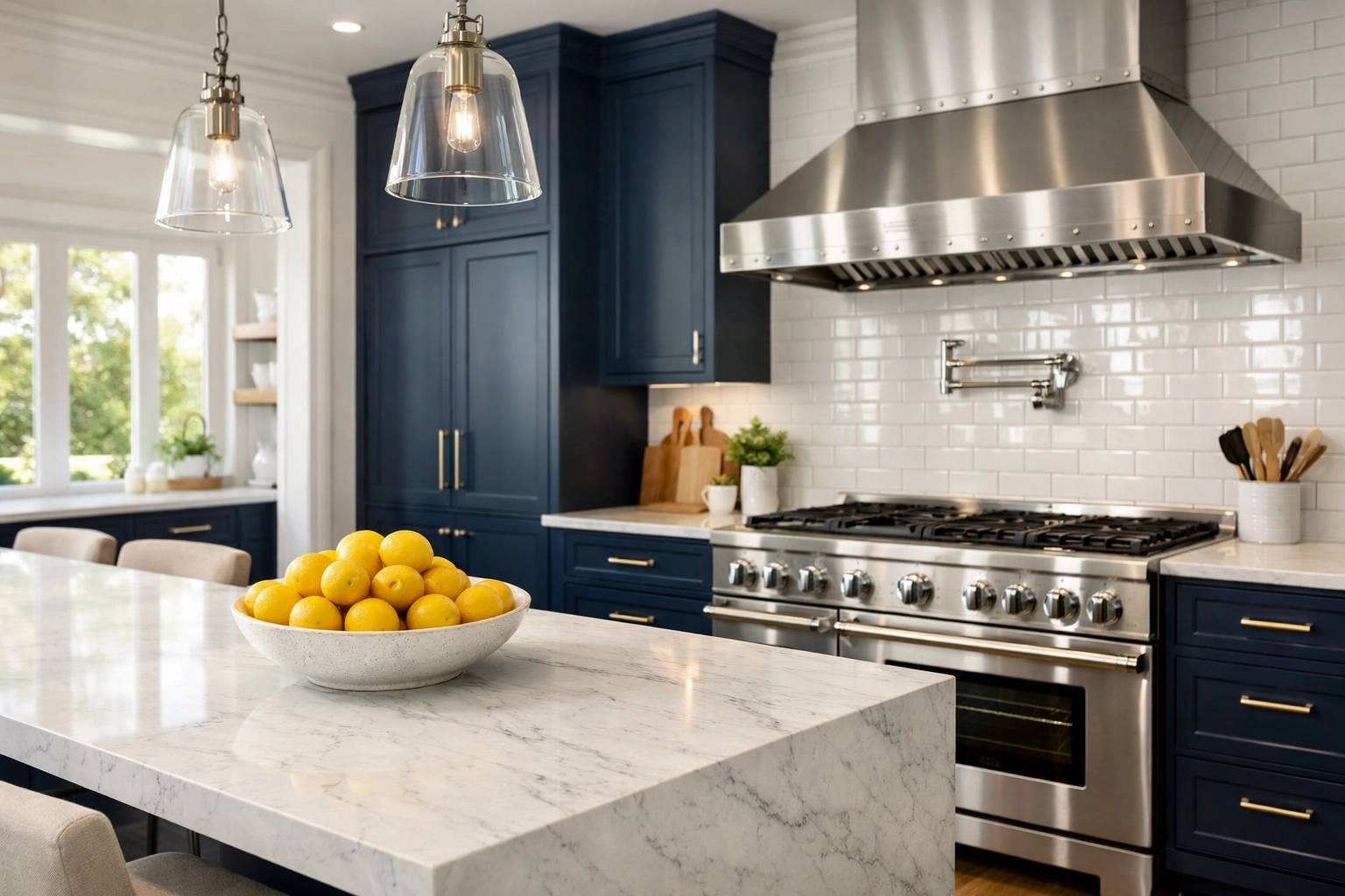 Spotless luxury kitchen in Wayland MA showcasing deep cleaned marble countertops and stainless steel surfaces.