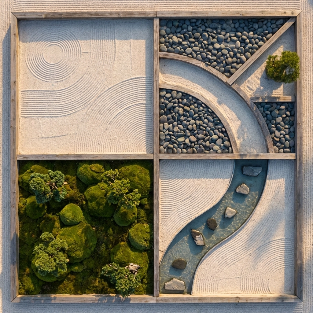 A balanced zen garden representing harmony in portfolio diversification across asset classes