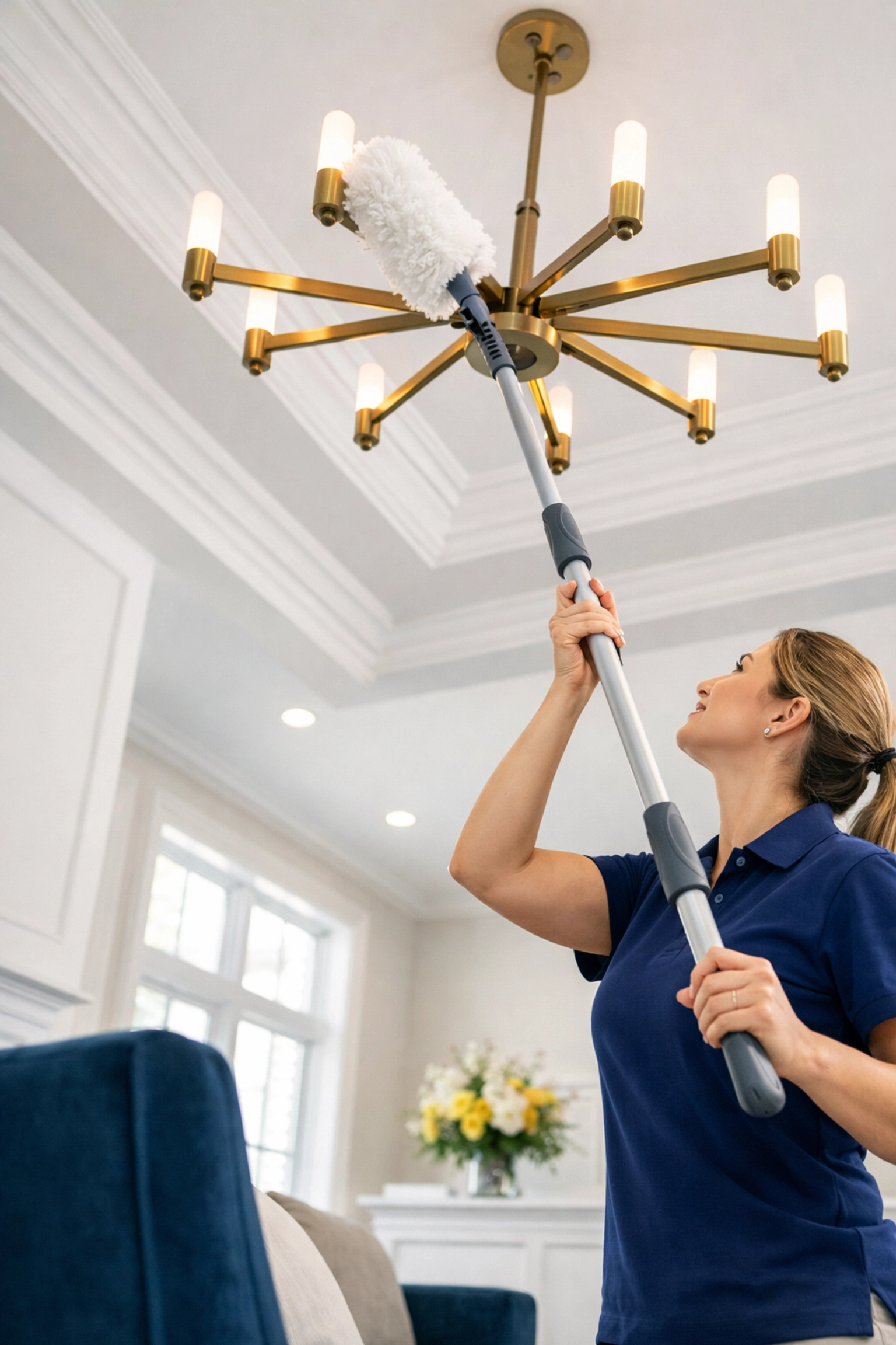 Professional cleaner using a duster on a high chandelier during a Westford deep cleaning service.