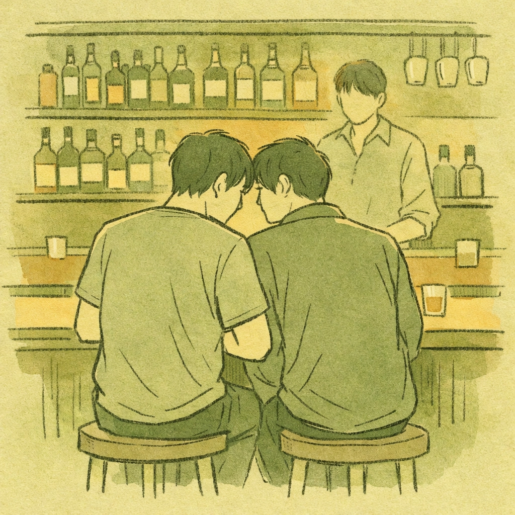 Two men find sanctuary together in intimate Japanese gay bar embodying omotenashi as safe haven
