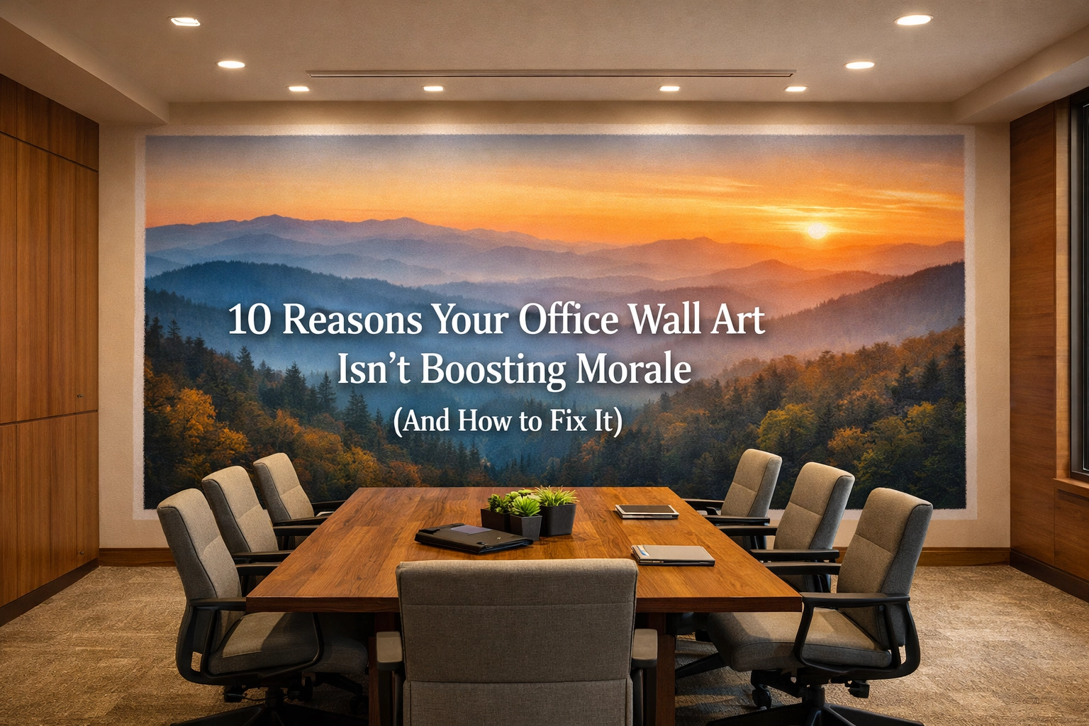 Smoky Mountain sunrise wall mural for biophilic office design in a professional Knoxville meeting room.