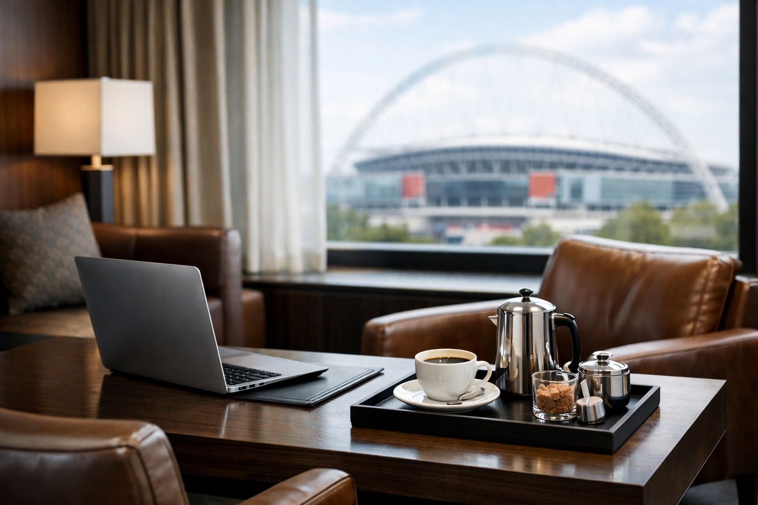 A sophisticated luxury hotel suite optimized for executive travel and corporate focus.