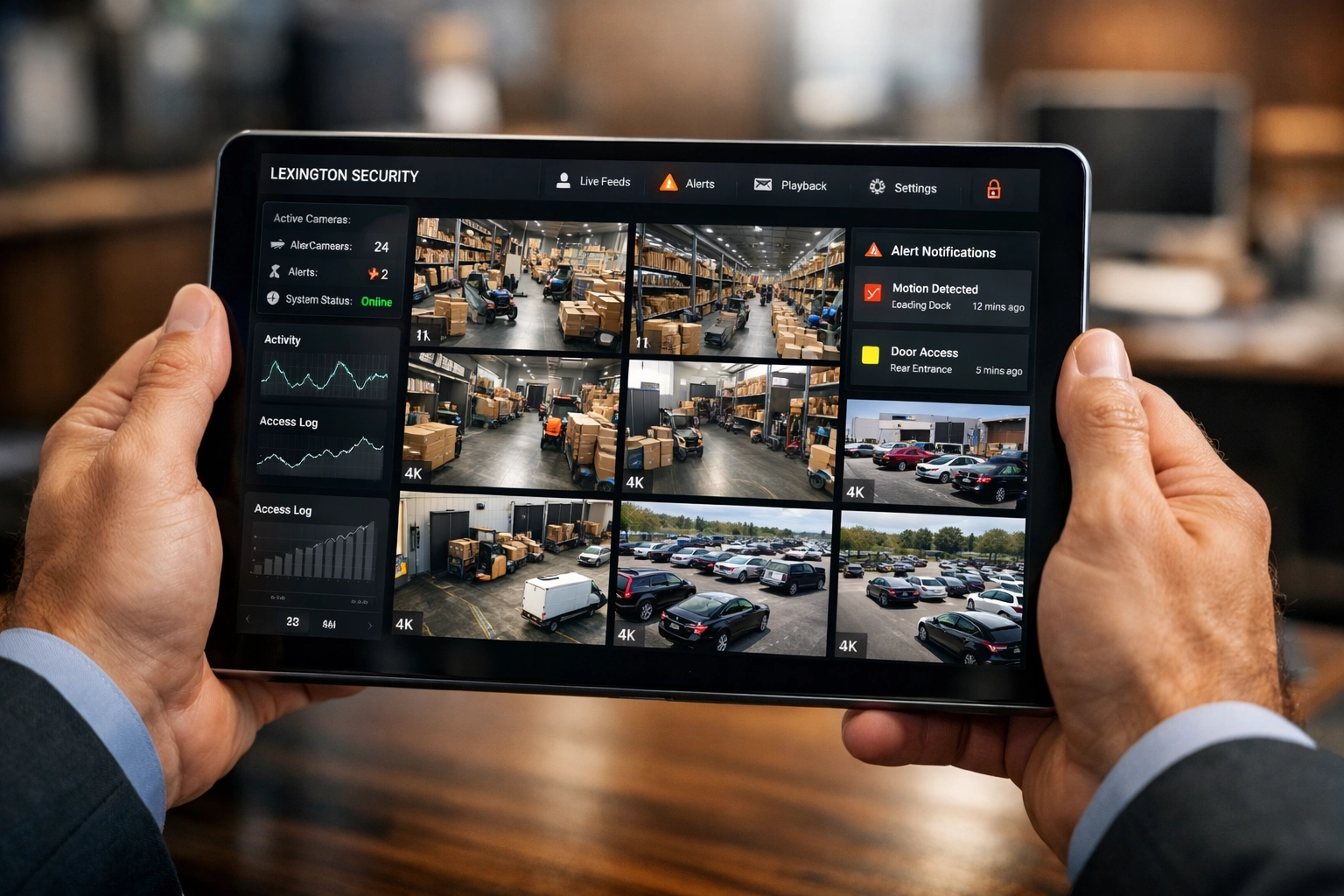 Managed IT Services Lexington KY monitoring high-definition professional CCTV feeds on a tablet.