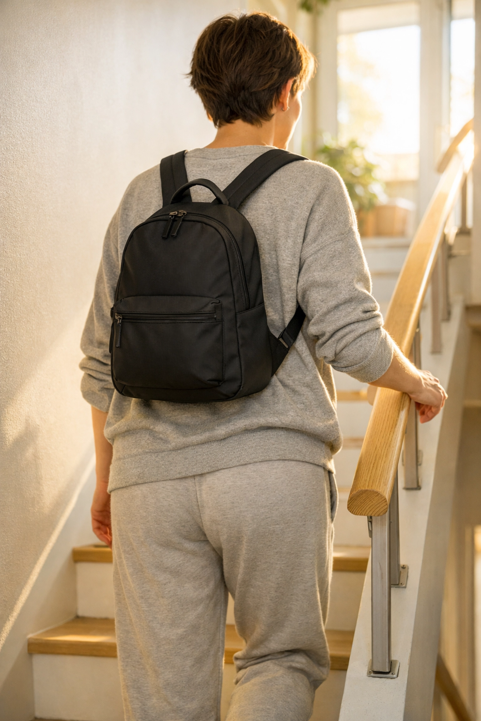 Person wearing a backpack and using a handrail to safely walk up stairs with hands free.