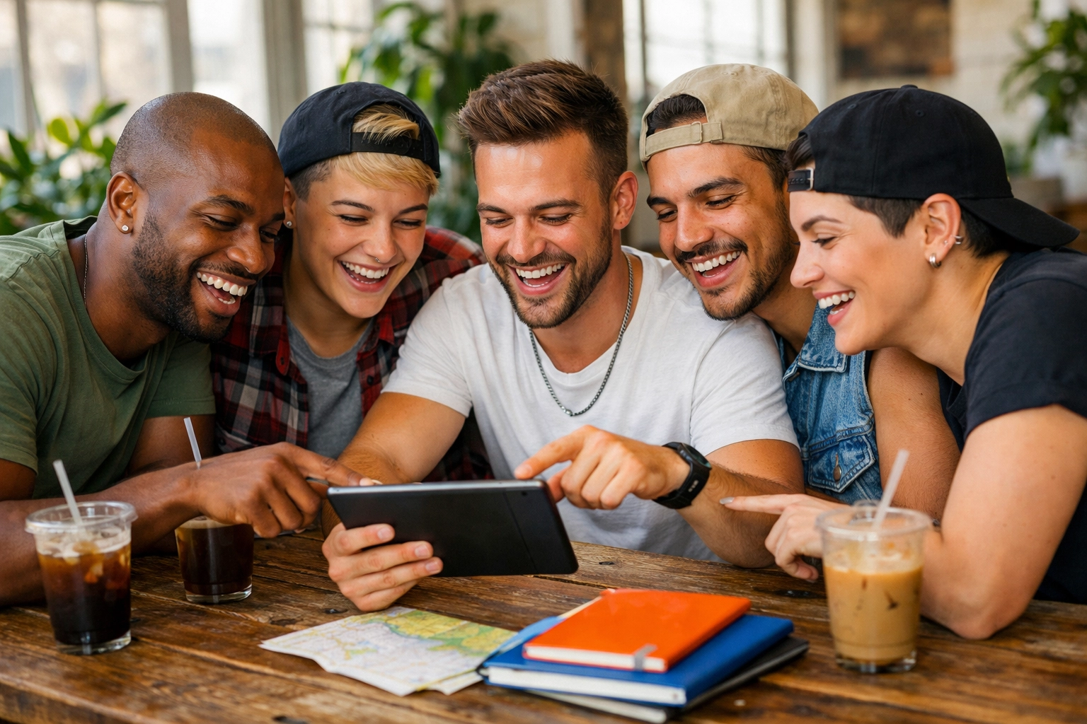 Diverse queer friends sitting together at a table planning a group trip budget and itinerary.