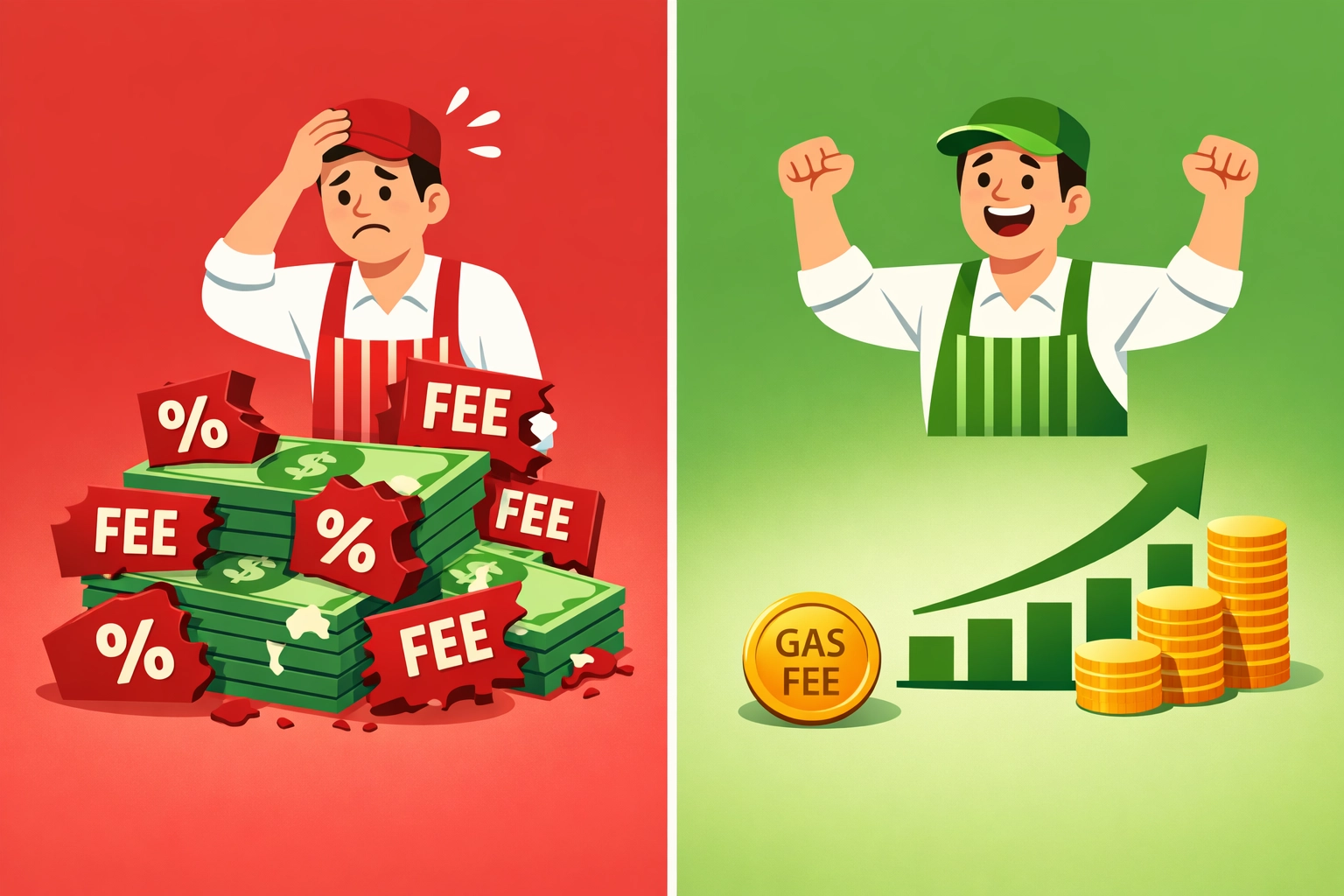 Fee comparison showing traditional 3% payment processor fees vs minimal gas-only crypto fees