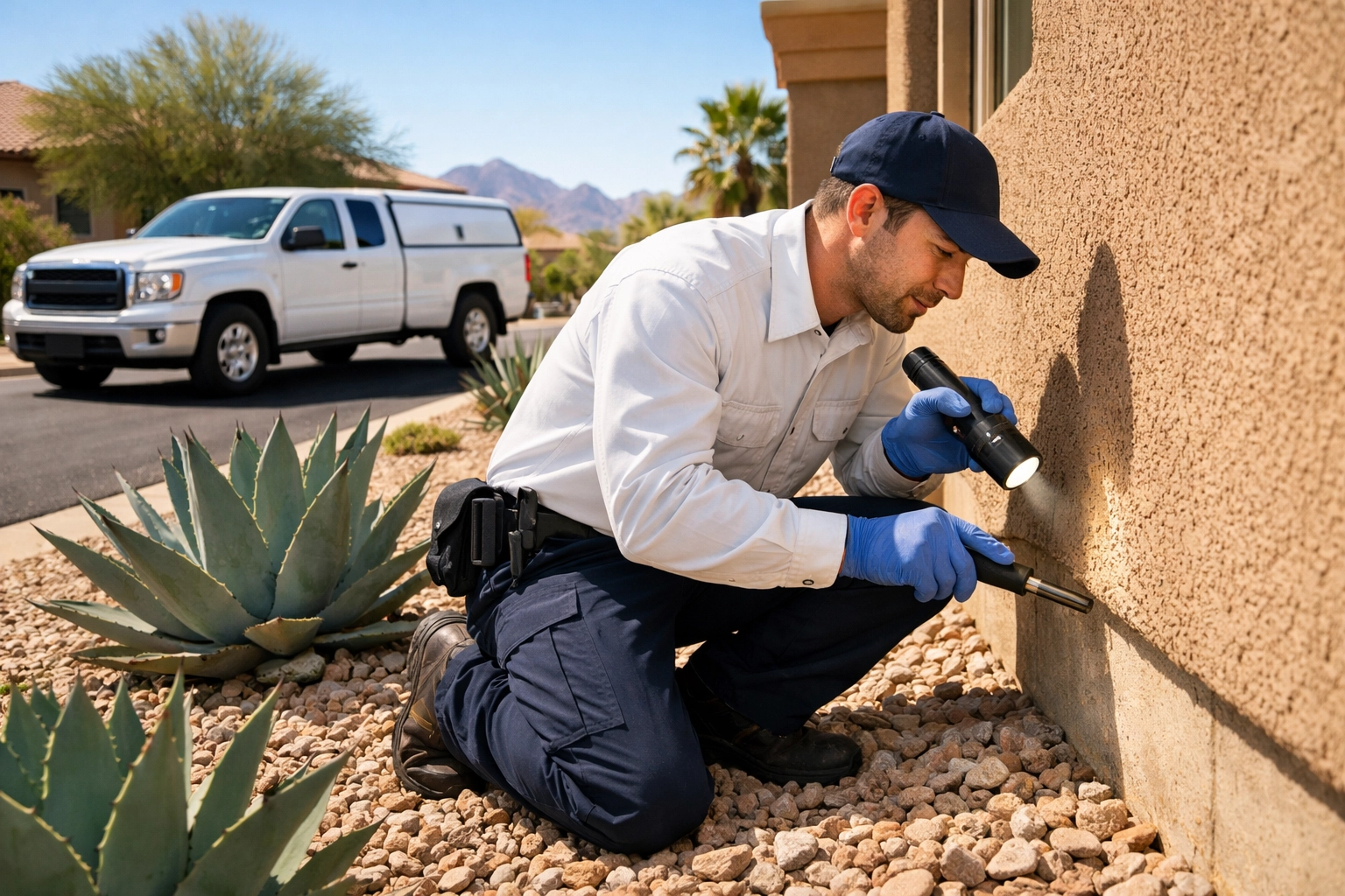 Bucksworth technician conducting a professional termite inspection on a Phoenix Arizona home foundation.