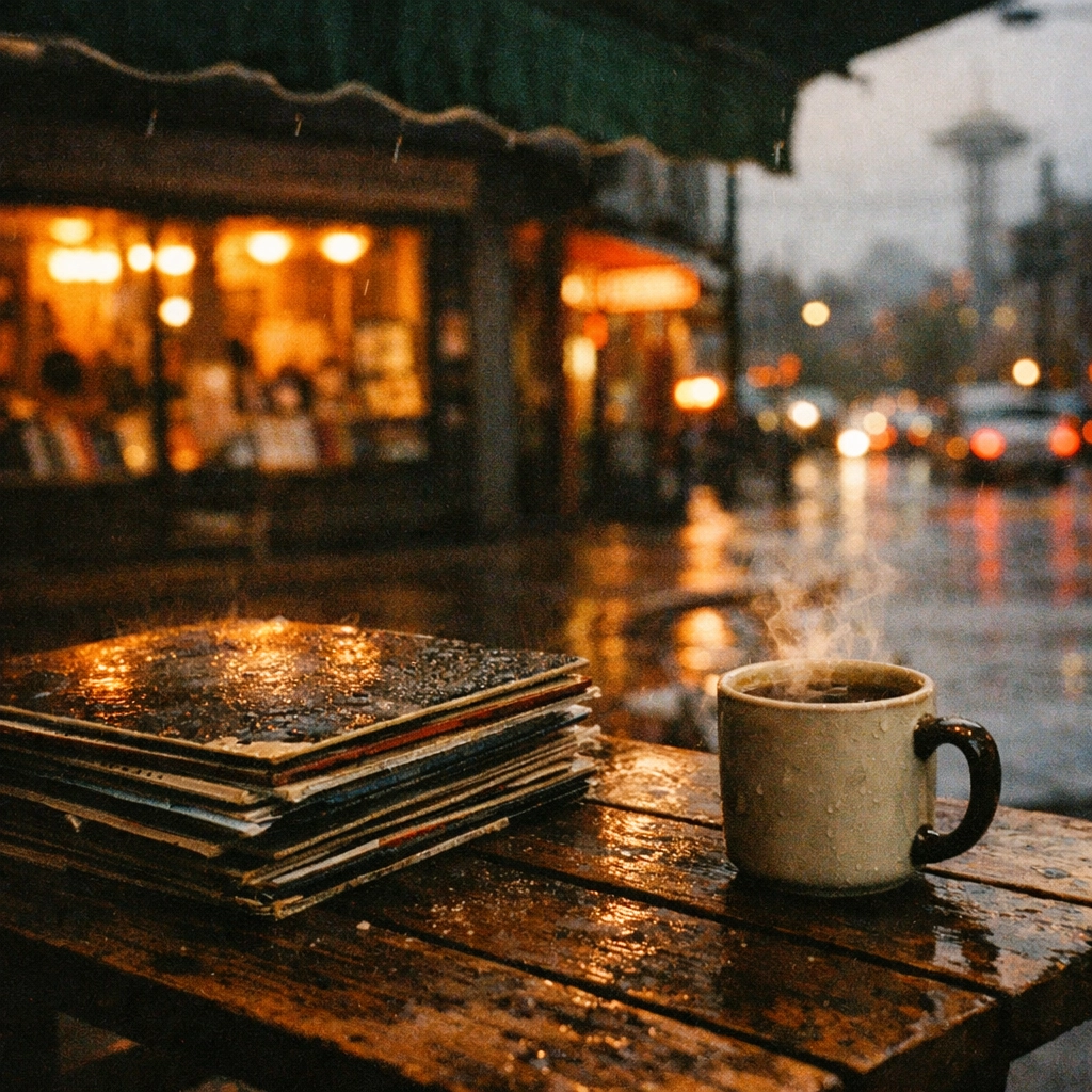 Vinyl records and a coffee mug on a table in front of a Seattle record shop on a rainy day.