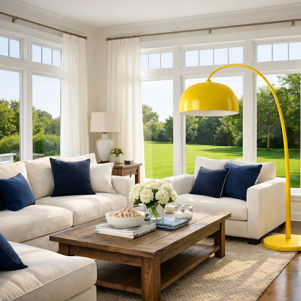 A dust-free, sun-drenched living room showcasing the results of a professional bi-weekly house cleaning in MA.