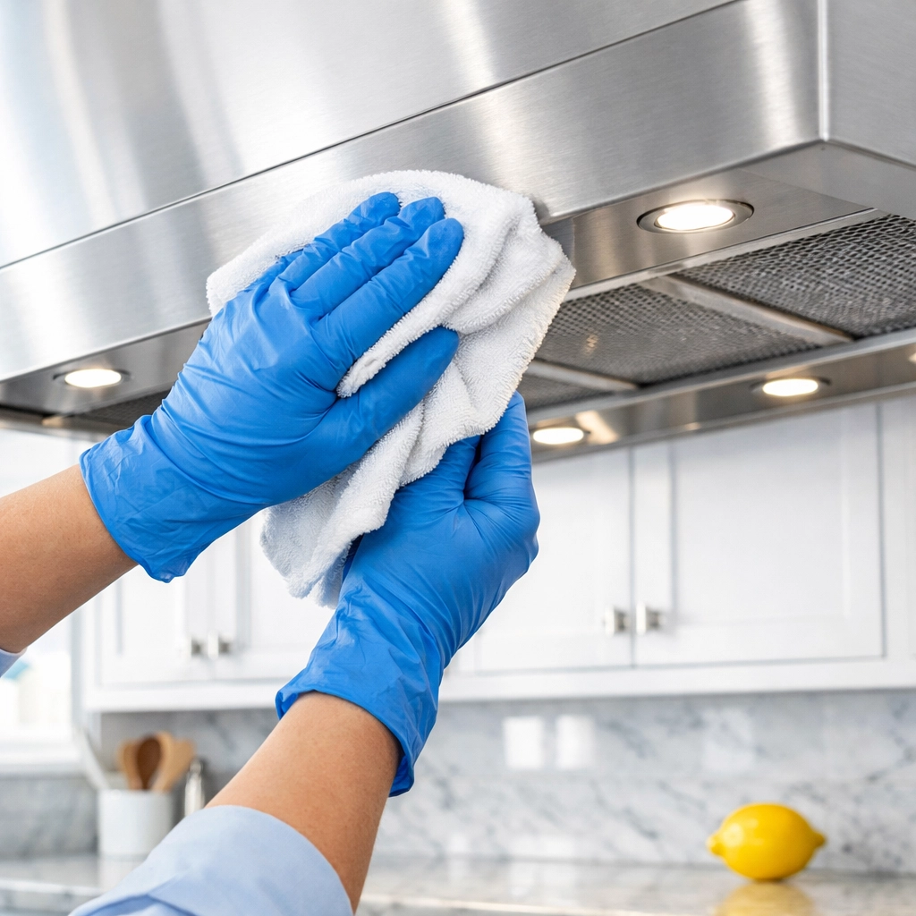 Professional cleaning expert hand-wiping a kitchen stove hood during a thorough home deep cleaning.