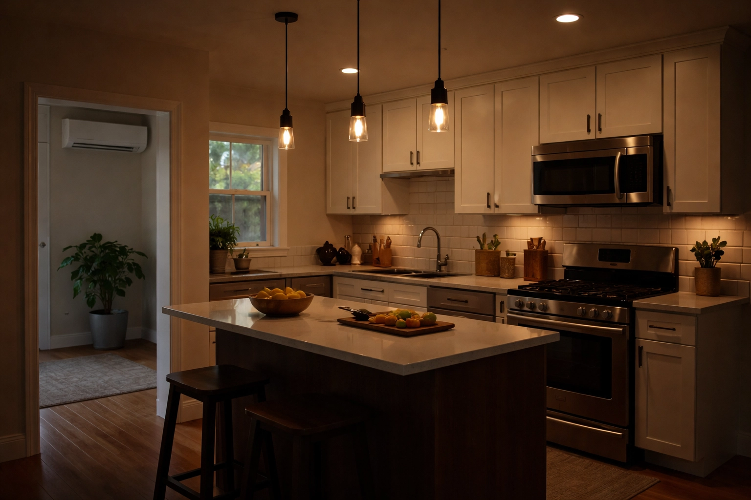 Modern kitchen with dimmed lights highlighting signs of electrical panel strain and upgrade need