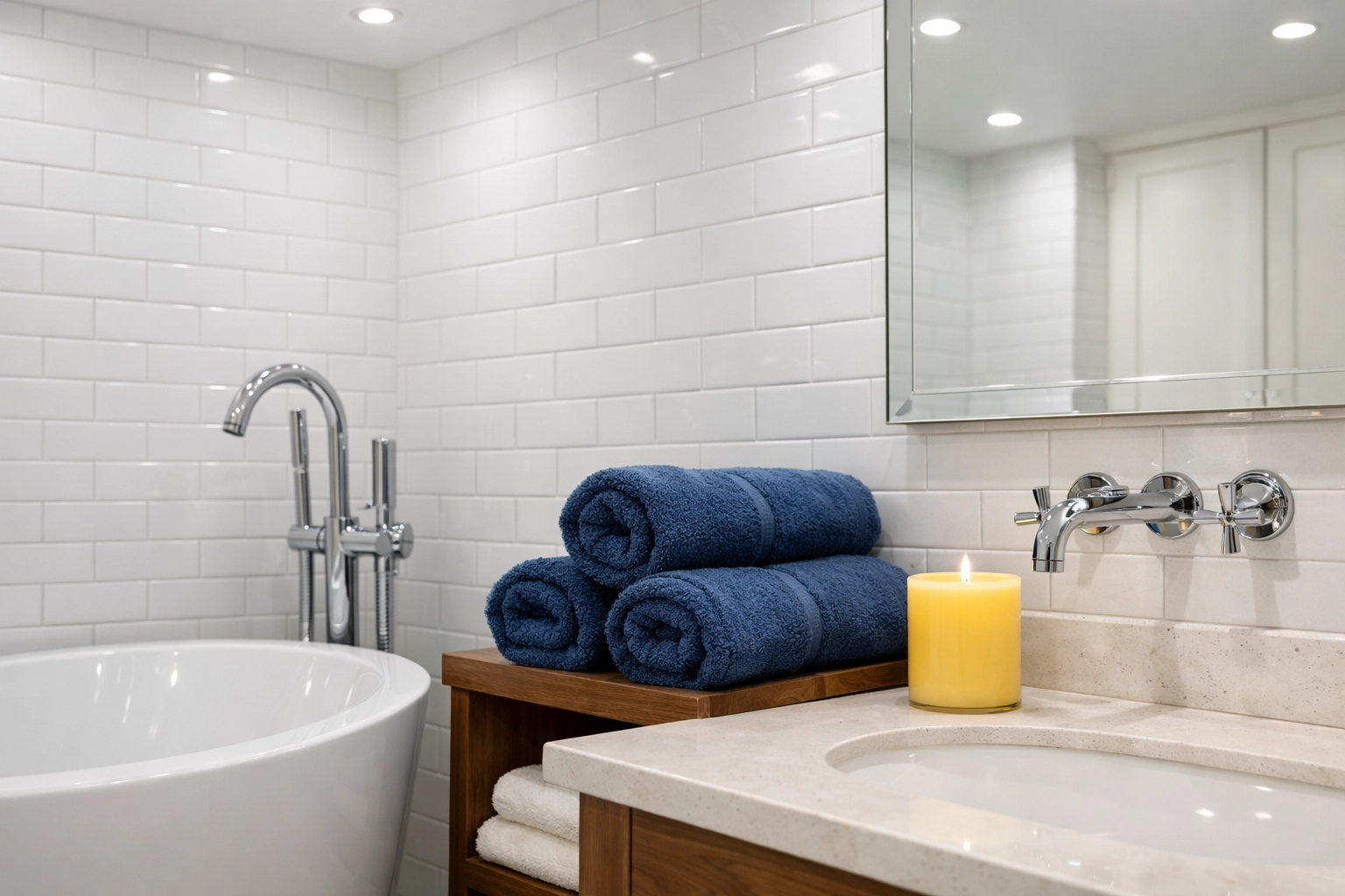 Sparkling clean luxury bathroom with sanitized white tile surfaces and organized blue and yellow accents.