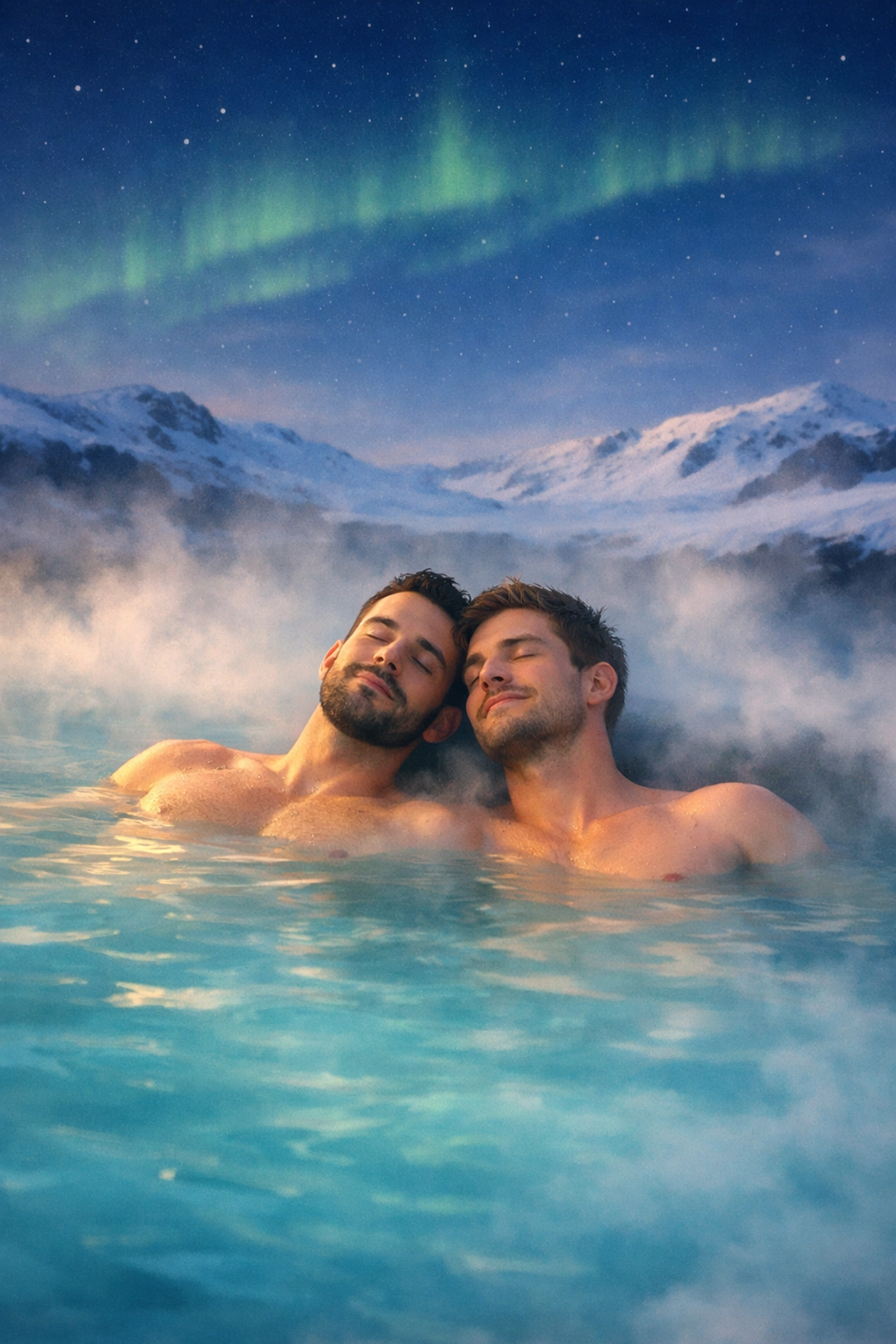 Two men floating together in Iceland geothermal pool under northern lights
