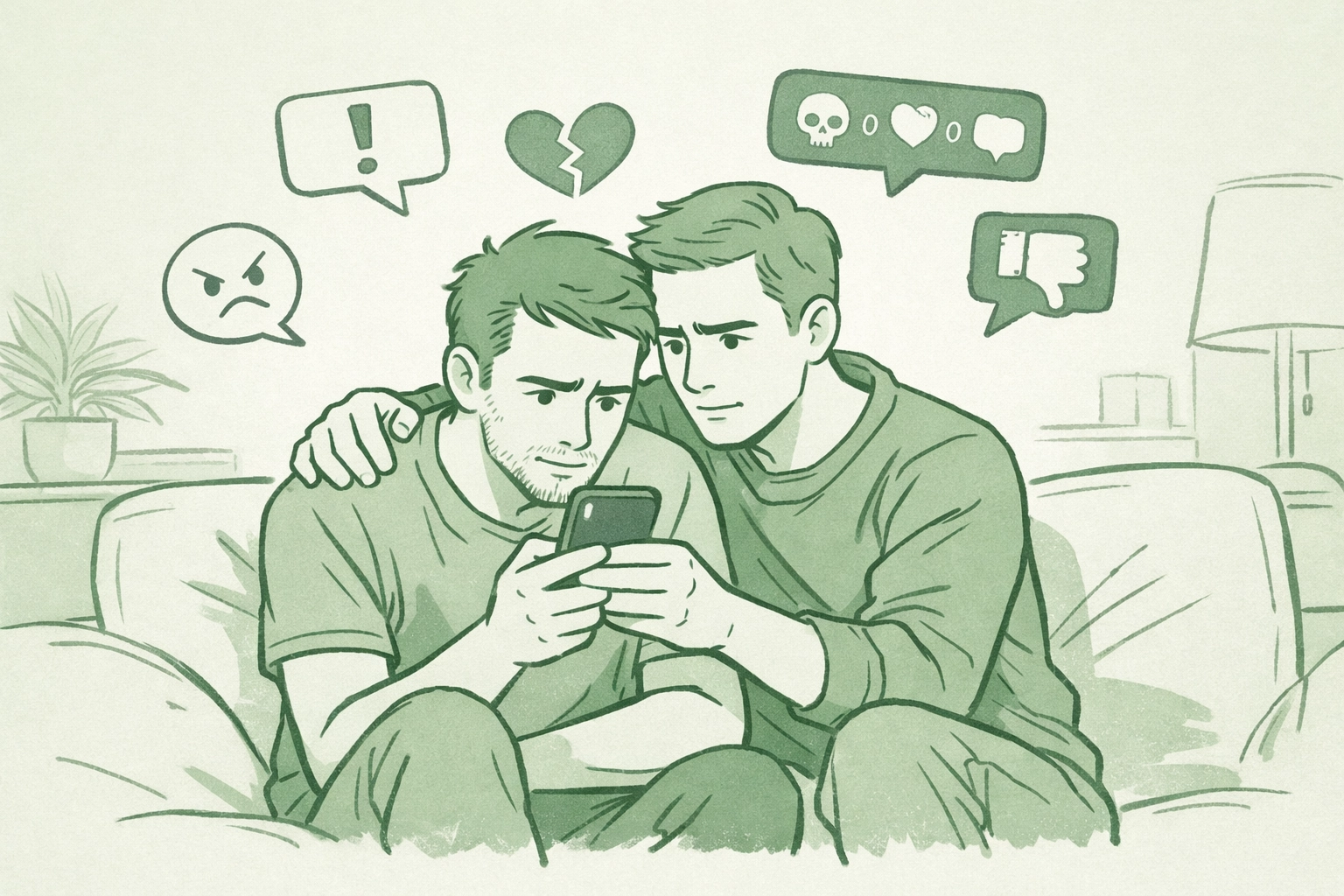 Gay couple supporting each other while facing social media hate and online harassment