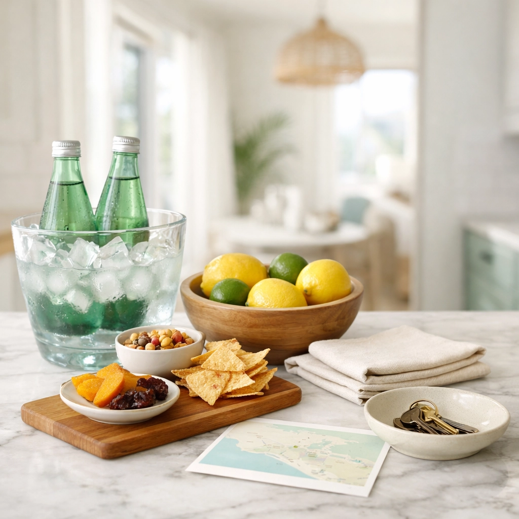 A curated guest welcome setup on a marble kitchen counter in a luxury San Diego vacation rental.