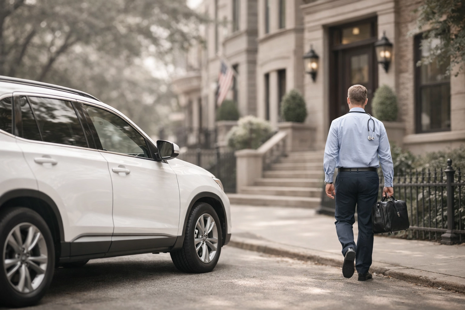 Mobile DNA testing professional arriving at a Chicago home for a private collection service.