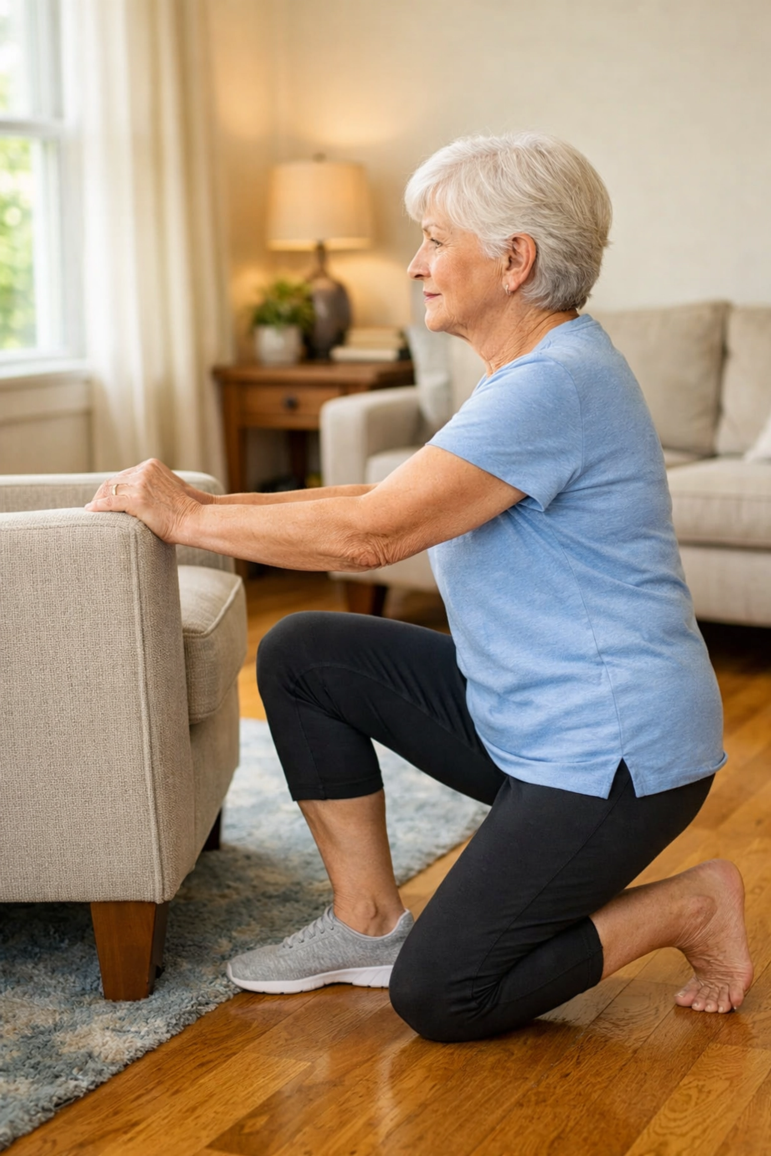 Senior woman in half-kneeling position using chair for support while getting up after fall