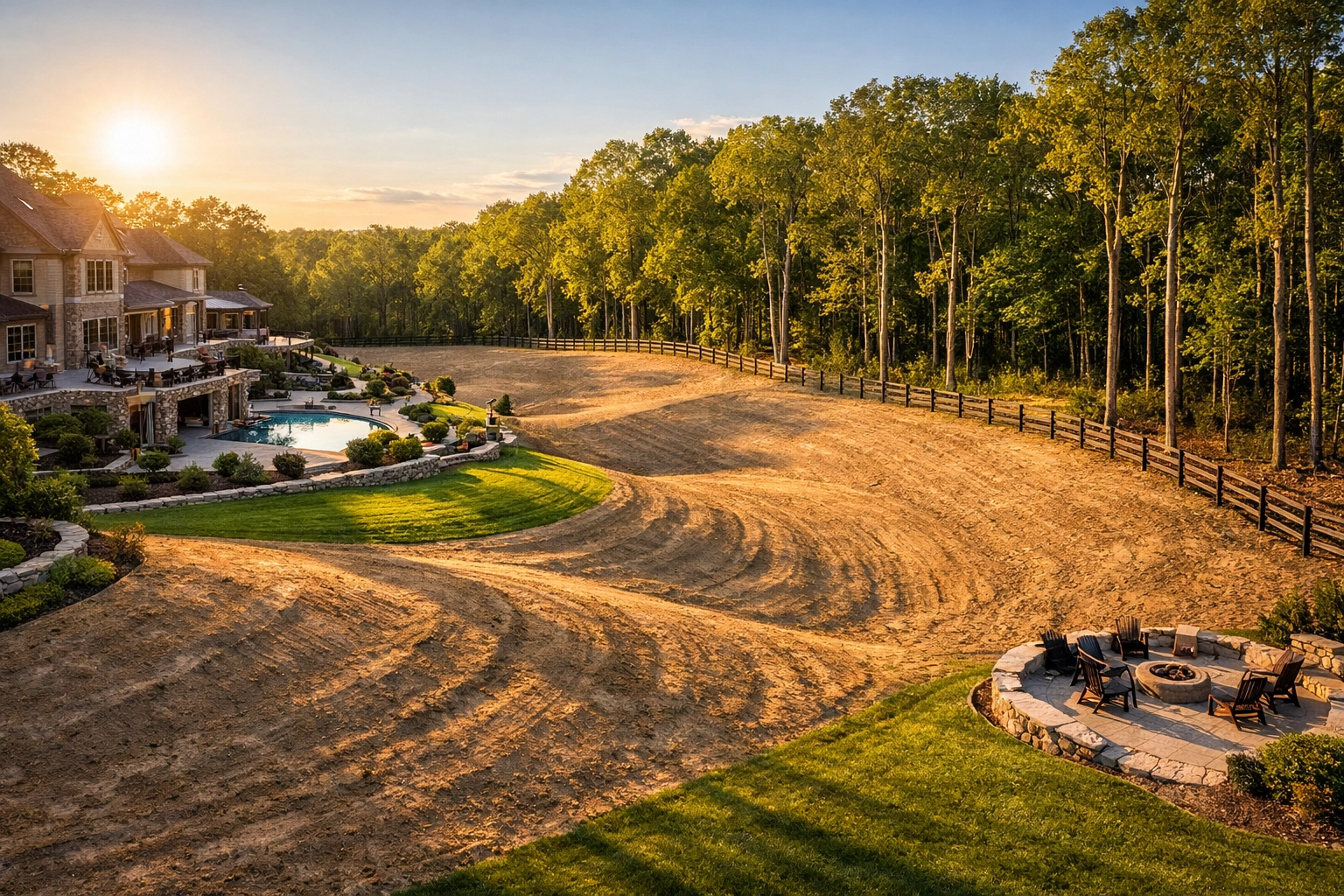 Professionally cleared fence lines and graded sloping backyard on a luxury Clarkston property.