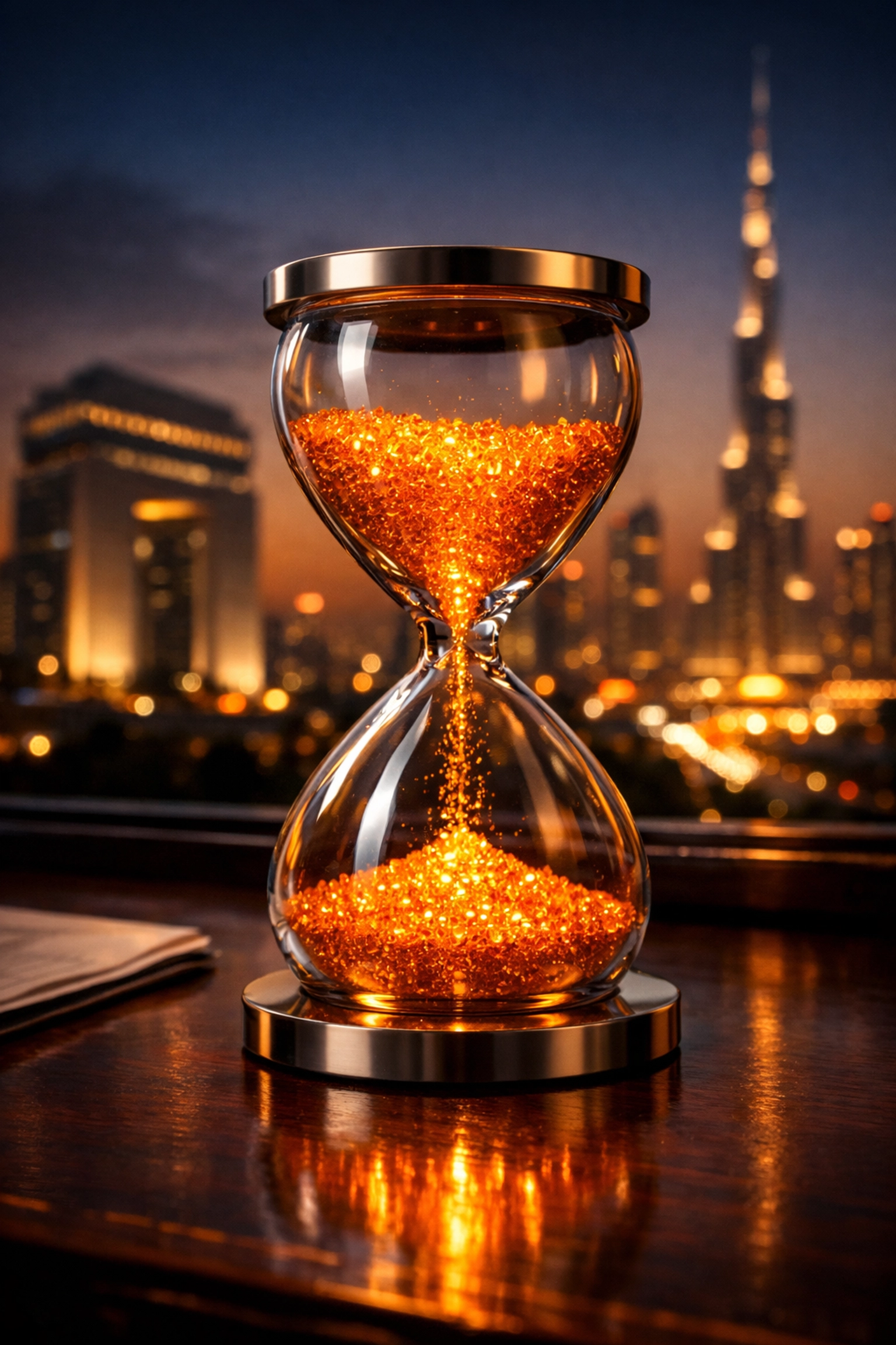 Hourglass on a desk with Dubai DIFC skyline background representing the UAE Corporate Tax deadline.