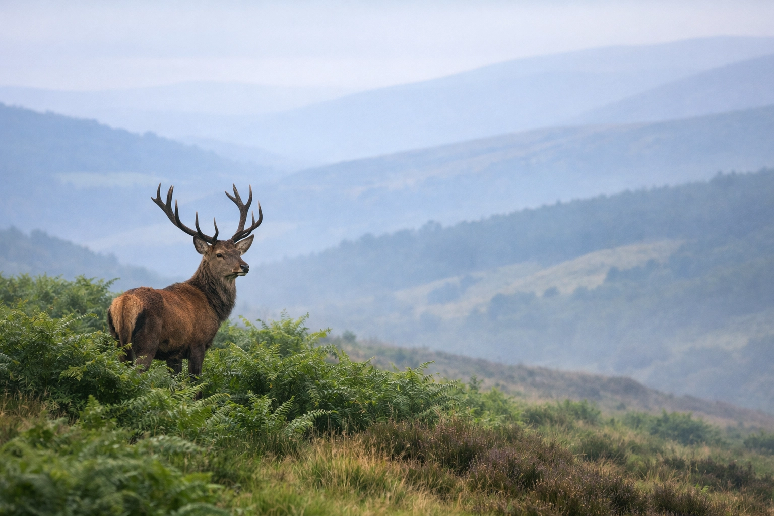 Red deer on a misty moorland during a wild camping guided UK trip.