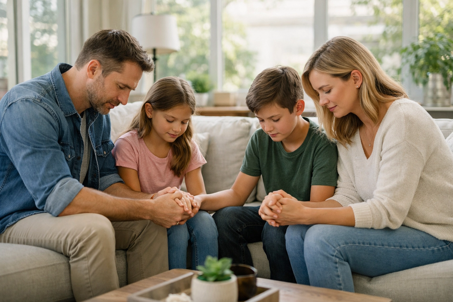 A family holding hands in prayer at home, illustrating the power of community faith in seeking healing.