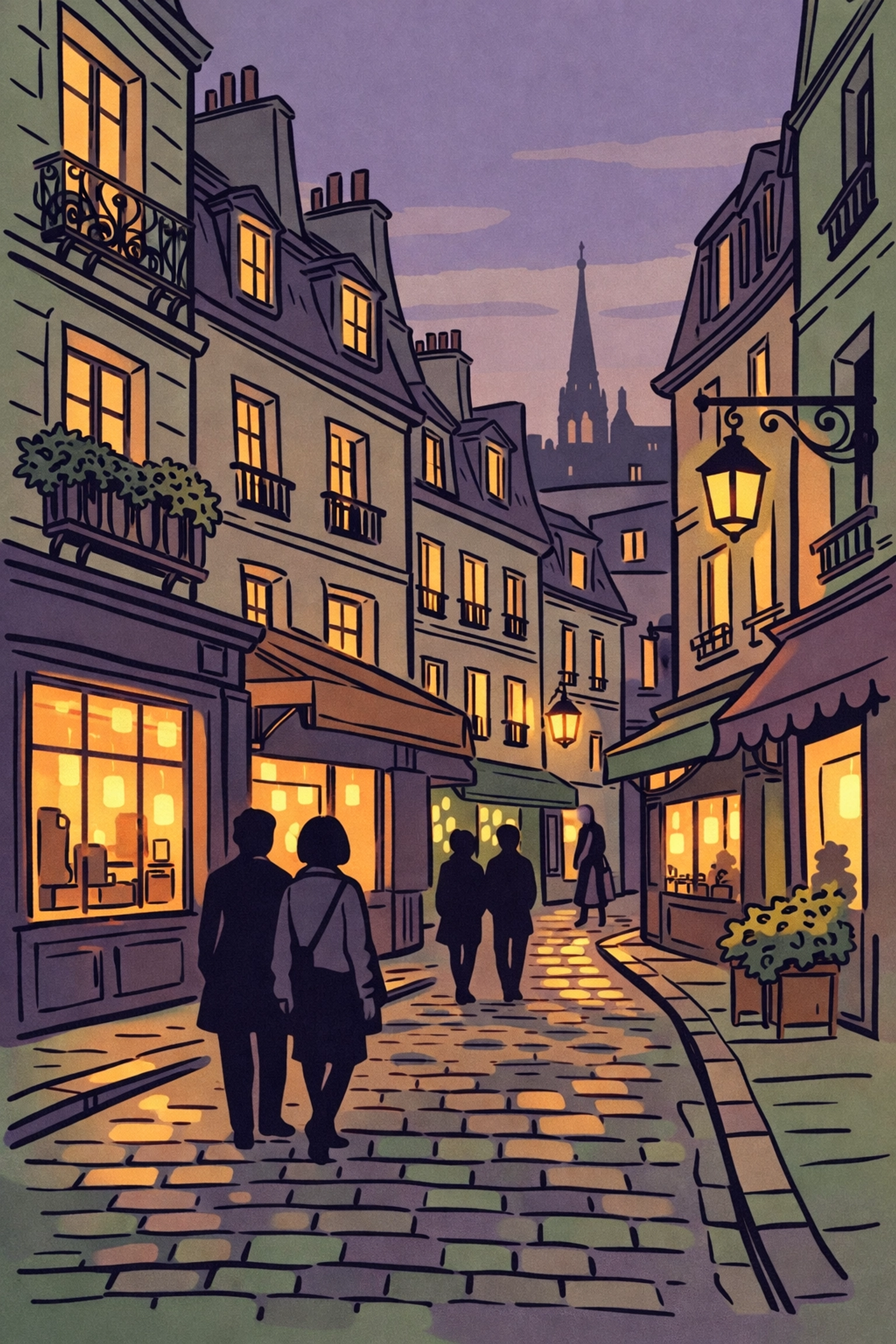 Historic Marais district cobblestone street at twilight showing queer Paris neighborhood charm