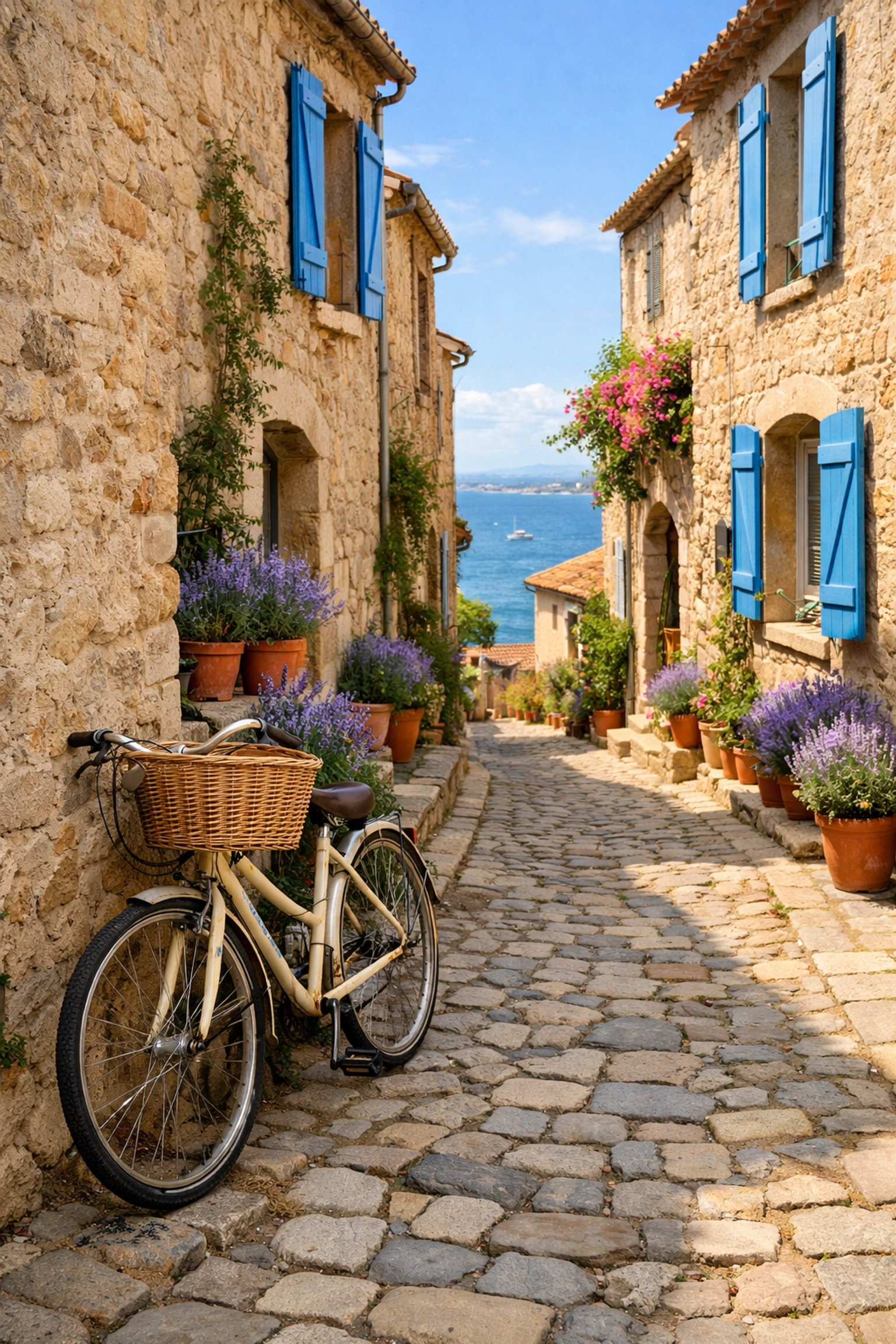 Charming Provence street with blue shutters and a vintage bicycle, showcasing the slow travel lifestyle.