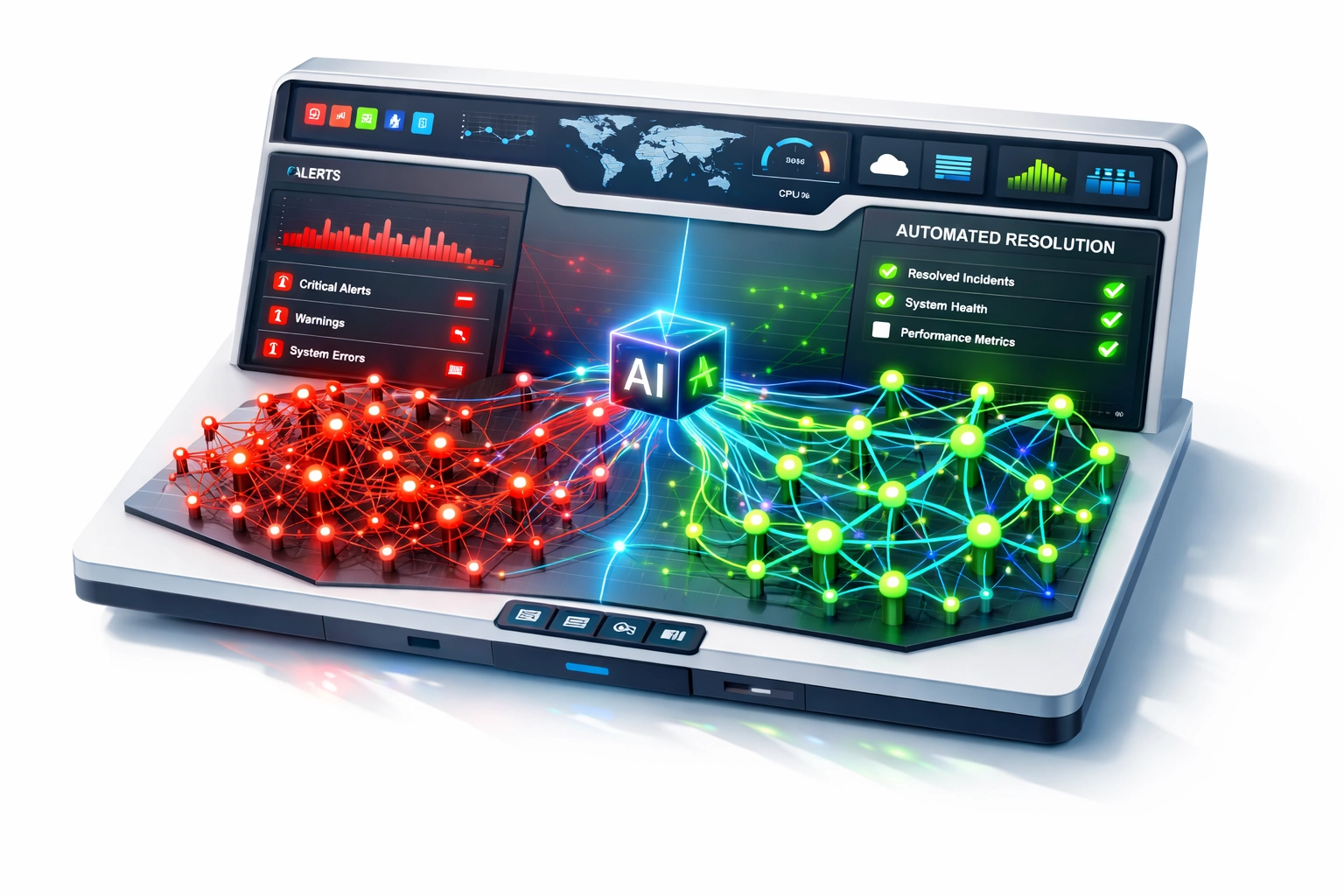 ServiceNow ITOM alert reduction dashboard showing AI-powered automation reducing incidents and improving ROI