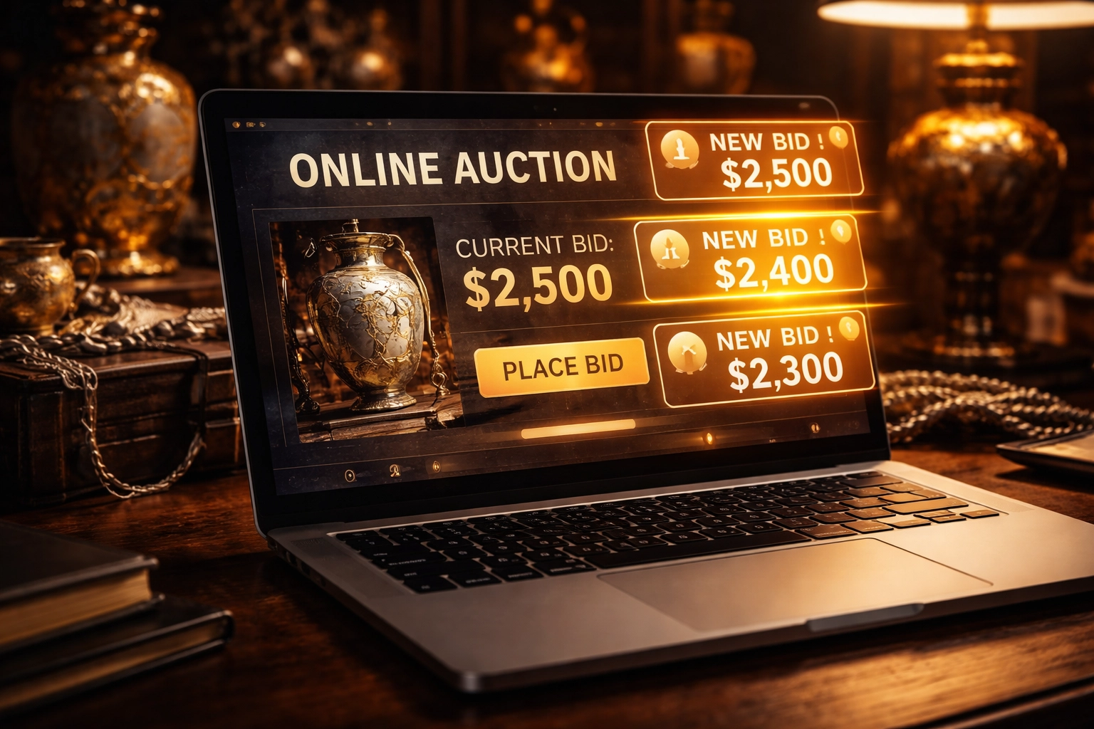 Online auction bidding interface on laptop with vintage estate items in background, emphasizing competitive bidding.