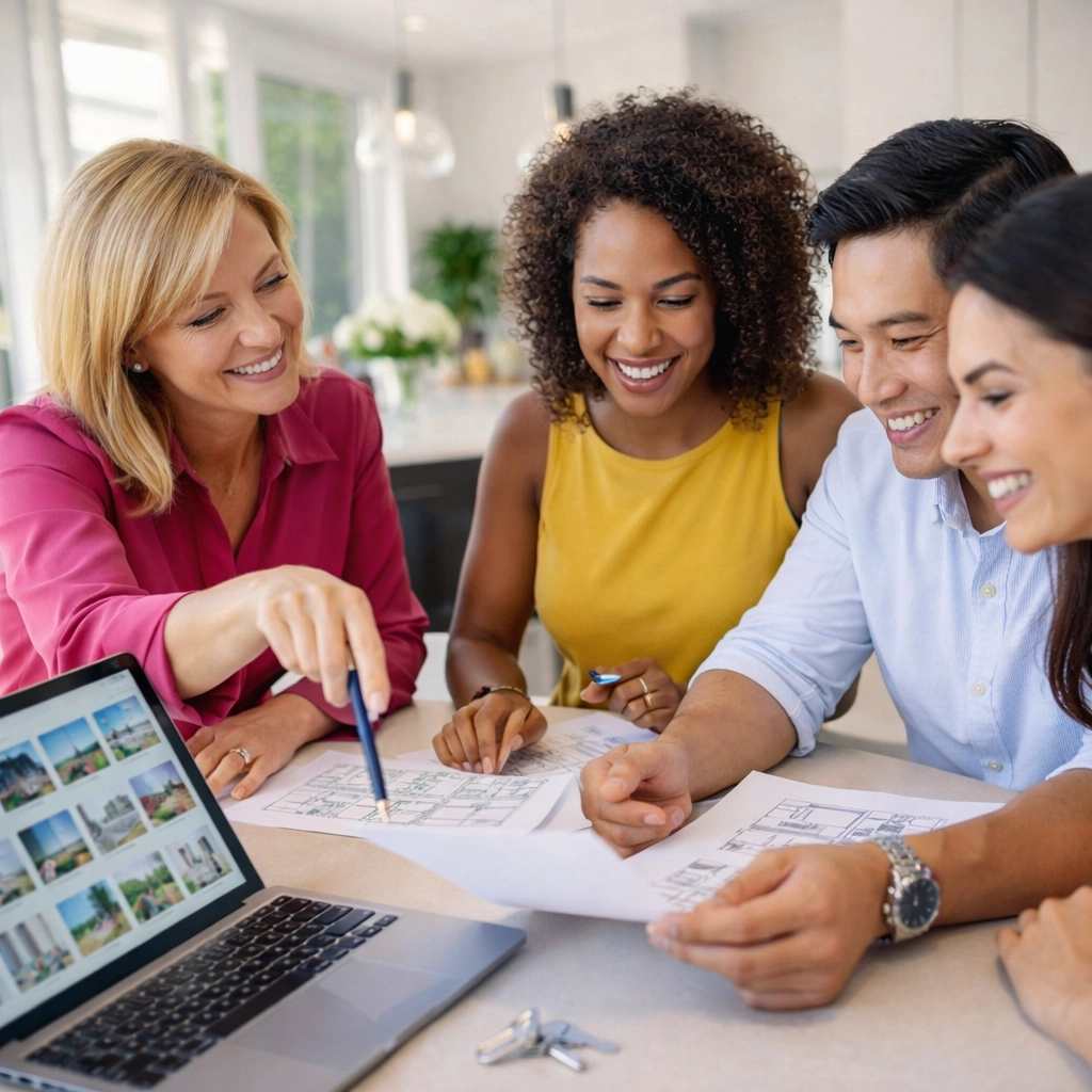 Real estate agent consulting with homebuyers on market strategy and timing Real estate agent consulting with homebuyers on market strategy and timing