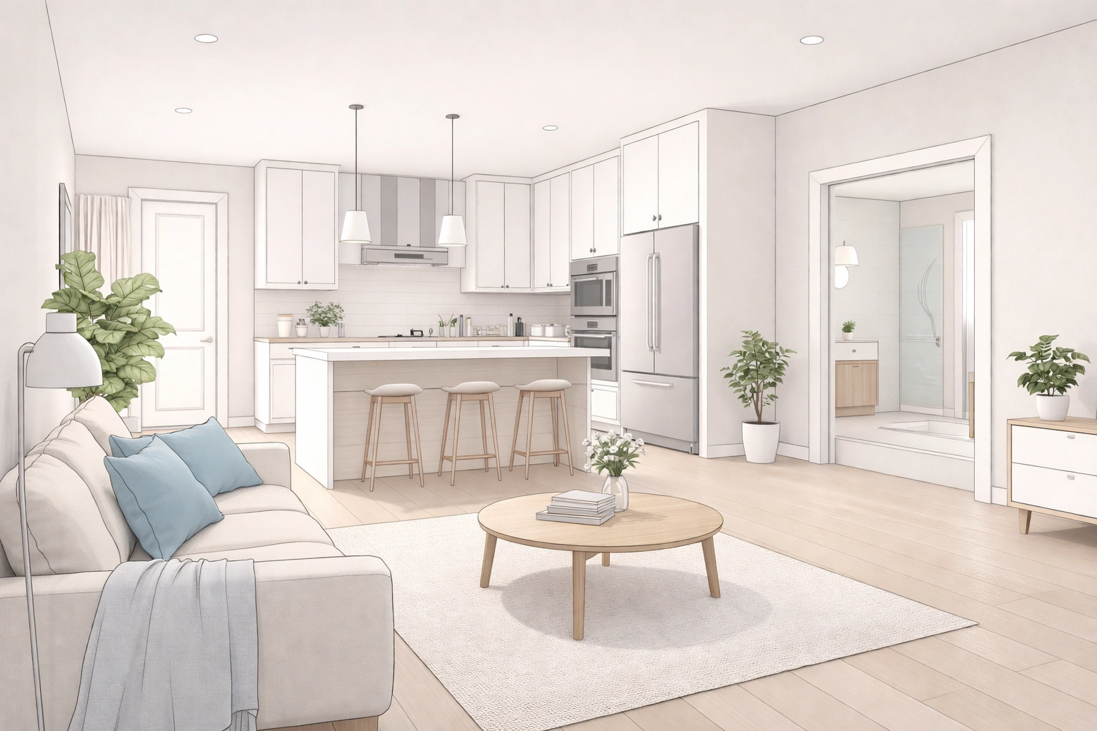 Open-concept living area in a Lancaster single-story home emphasizing kitchen, living space, and accessibility features.