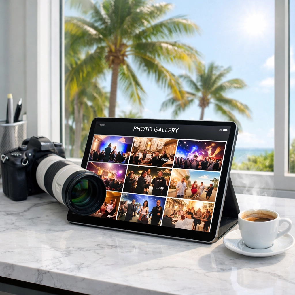 Professional photography workspace in Miami showing a digital event gallery and high-end camera equipment.