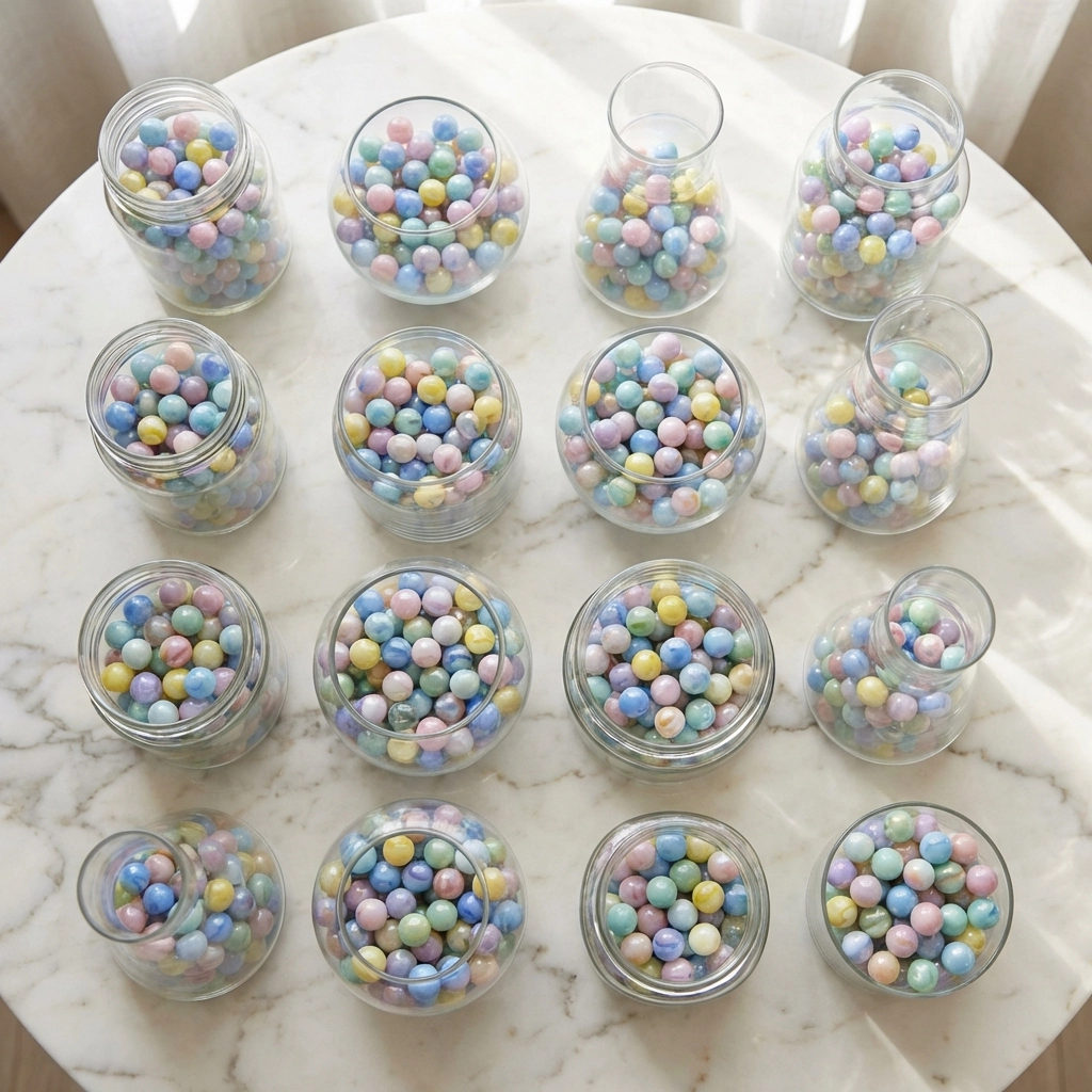 Overhead view of identical marbles in different containers symbolizing false diversification in investment portfolios.