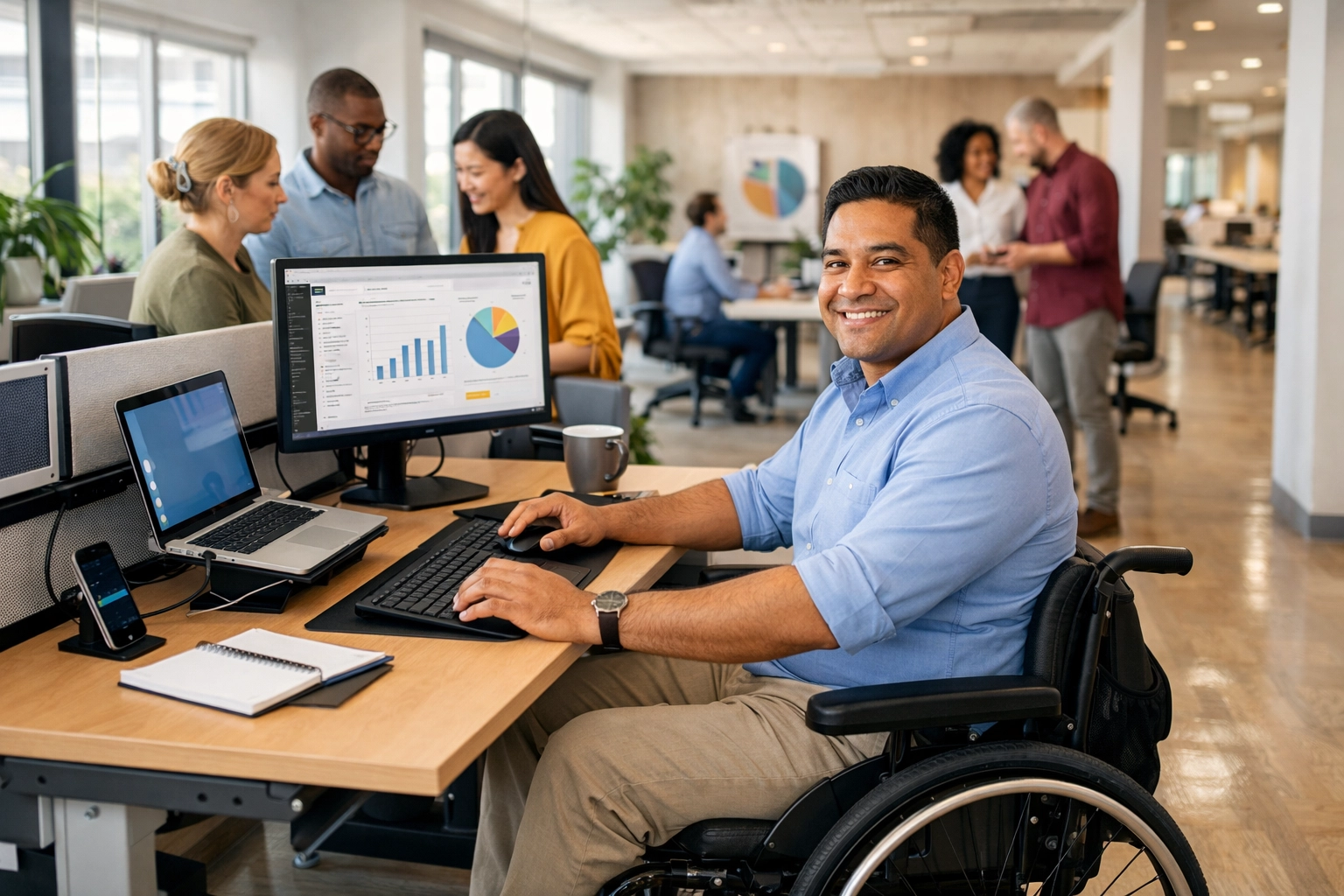 Accessible workplace with wheelchair user at ergonomic workstation
