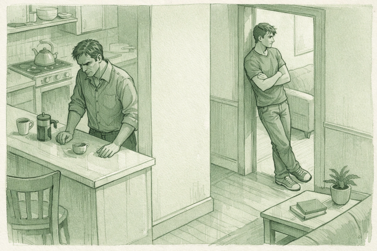 Taboo MM fiction scene showing forbidden proximity between step-father and step-son in domestic space