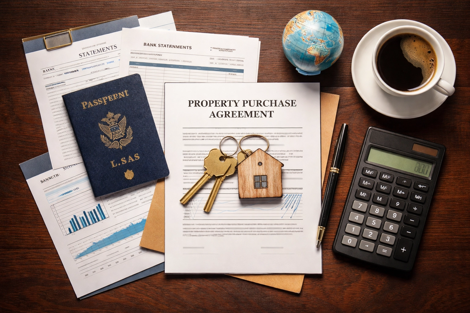 Flat-lay of passport, bank statements, keys and documents representing requirements for foreign national mortgages in Oldham