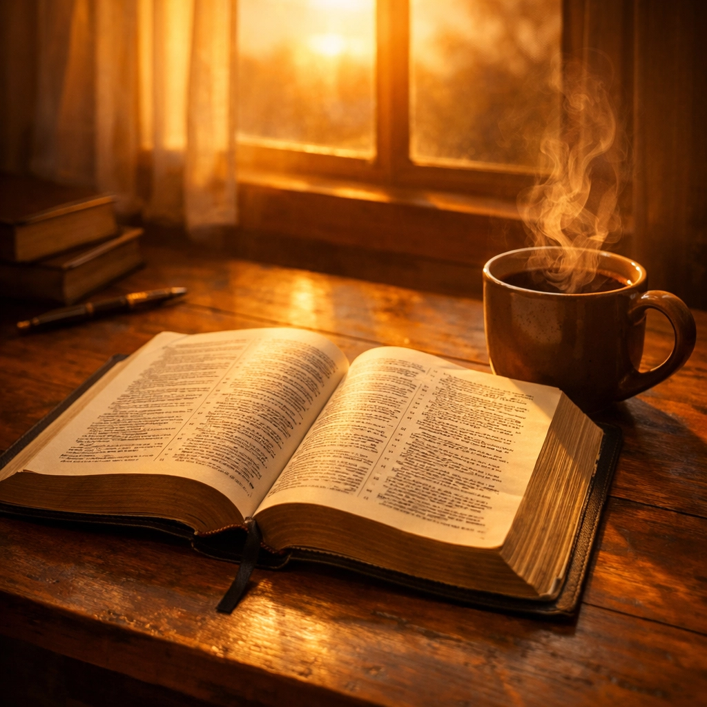 Open Bible with coffee cup on desk at sunrise for 5 AM biblical news devotion