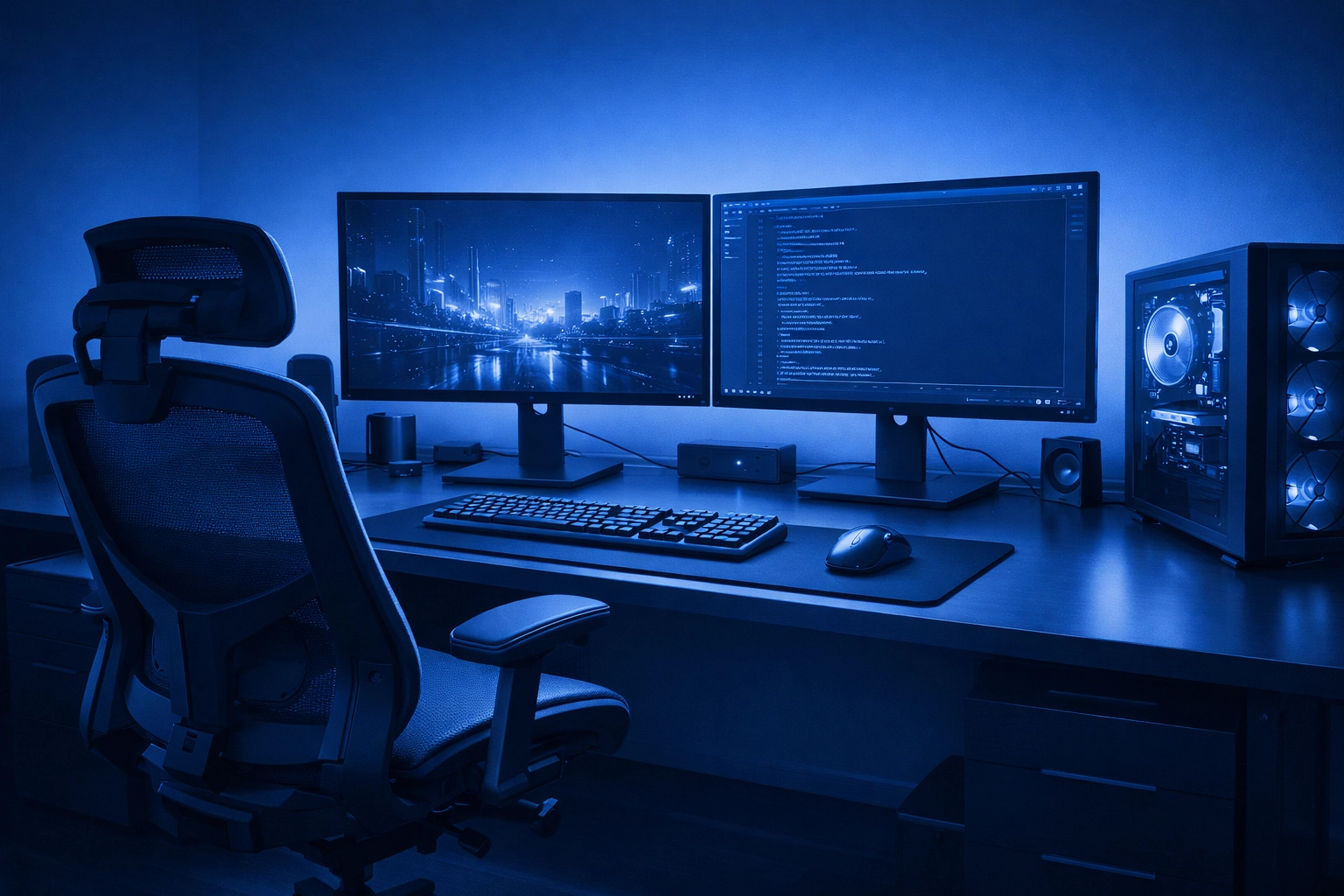 Modern office workspace with dual monitors illustrating the high cost of in-house IT infrastructure.