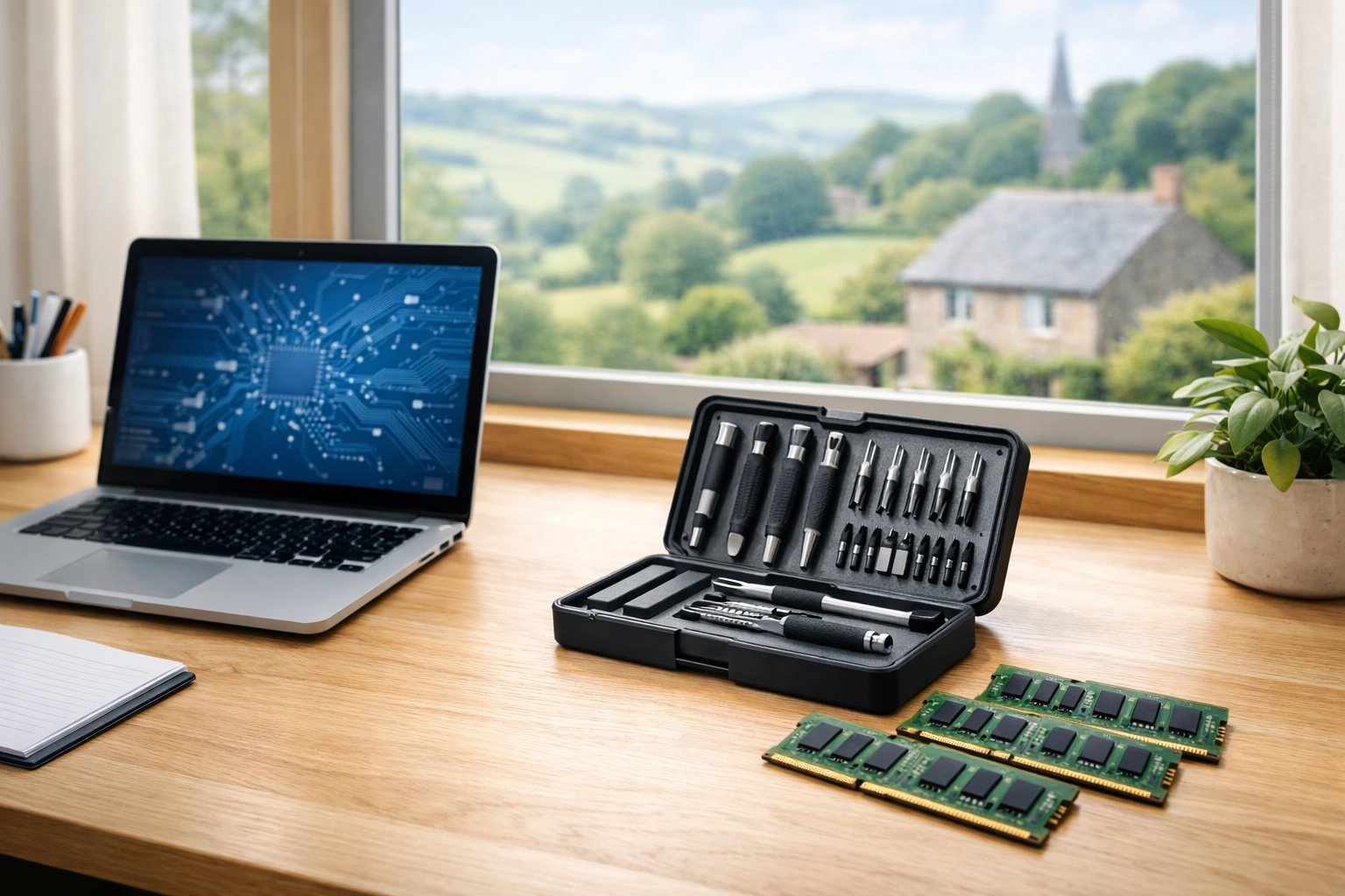 It consultation desk in devon with a laptop and memory chips overlooking a local landscape.
