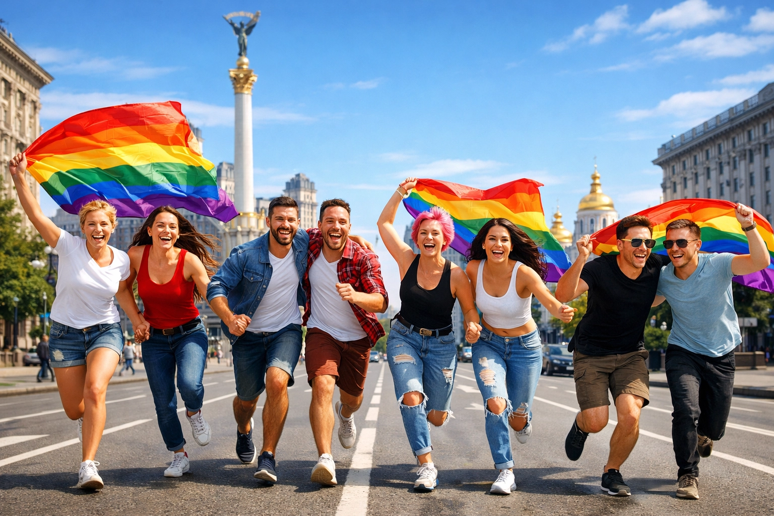 Joyful LGBTQ+ couples celebrating with rainbow flags during a sunny Kyiv Pride march for equality.