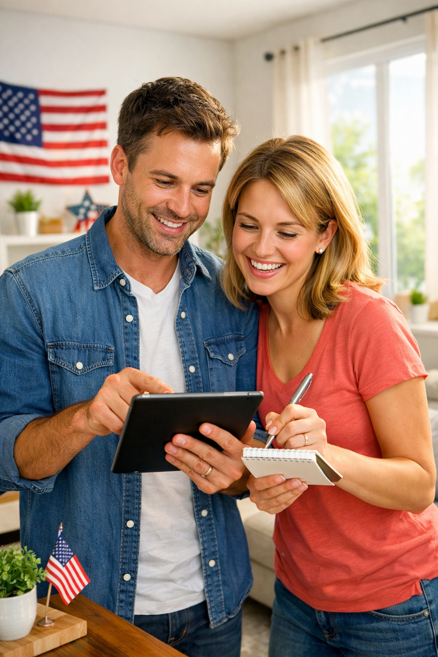 A young couple staying informed on veteran community initiatives using a tablet together.